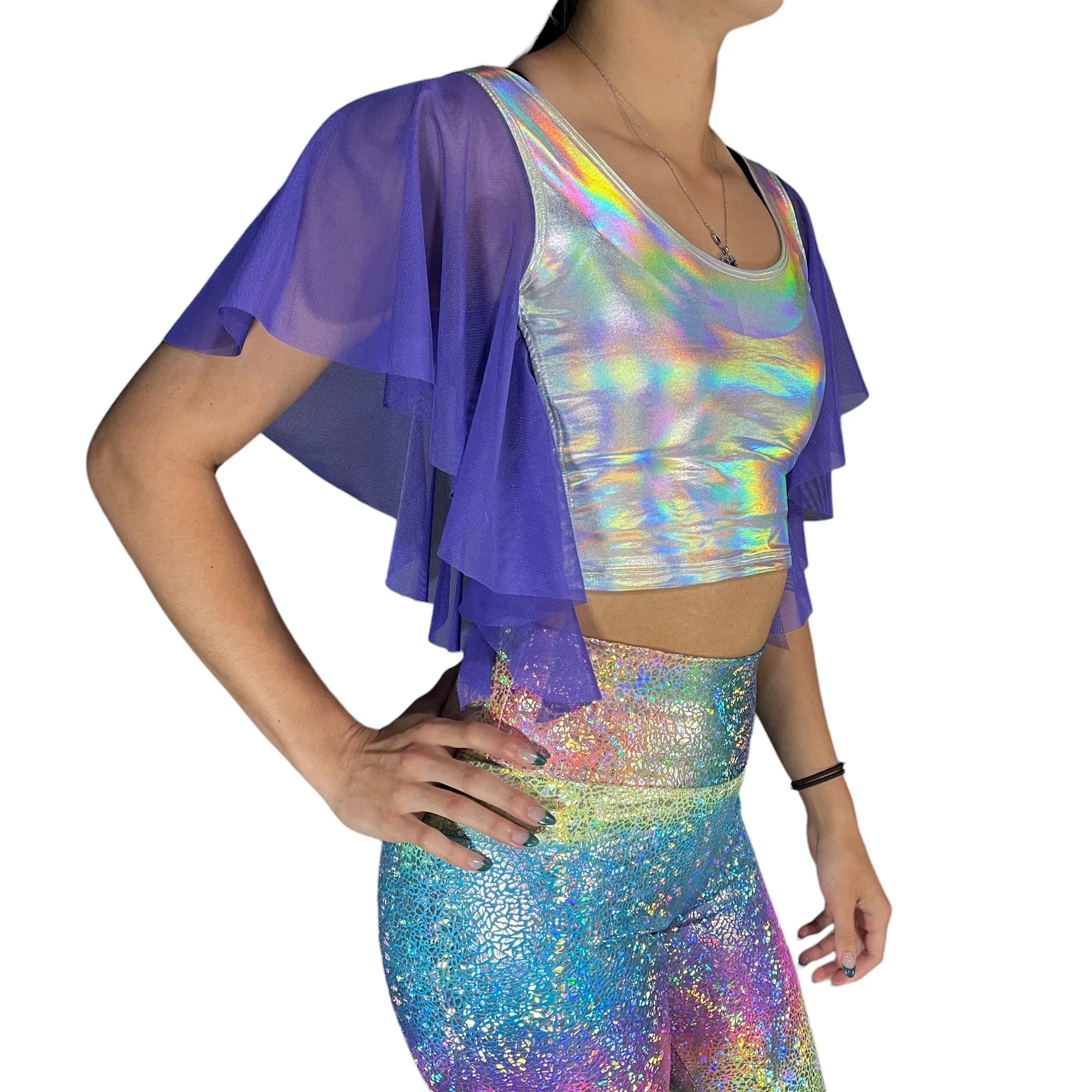 Flutter Sleeve Top Opal Holographic | Mesh Sleeve Ruffle Shirt | Holo Festival Crop Top