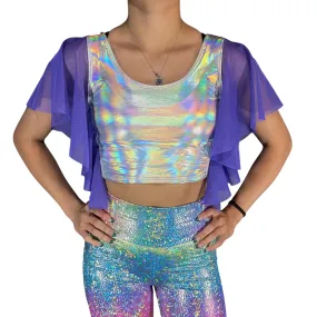 Flutter Sleeve Top Opal Holographic | Mesh Sleeve Ruffle Shirt | Holo Festival Crop Top