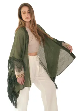 Forest Green Mesh Open Poncho with Fringe