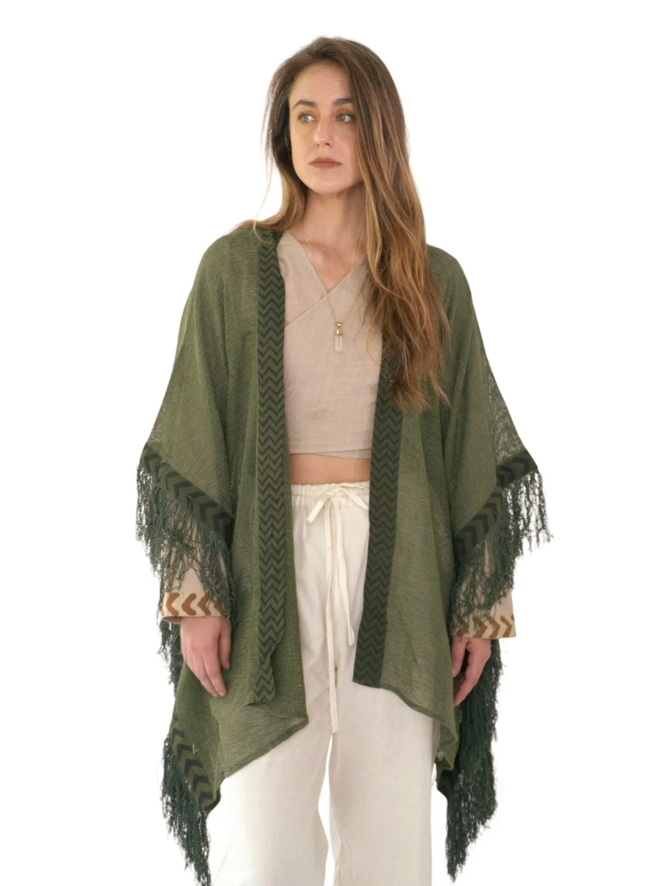 Forest Green Mesh Open Poncho with Fringe