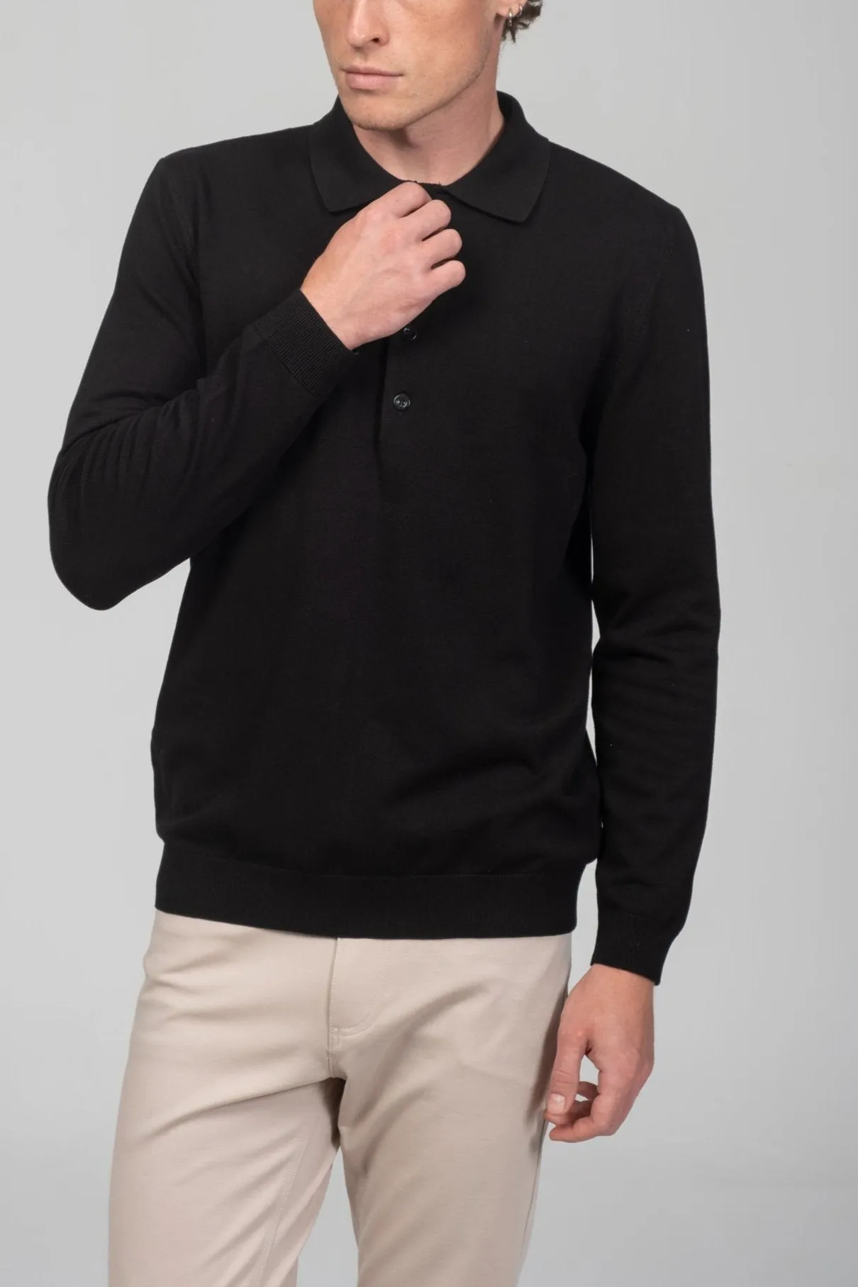 Four Button Down Polo Sweater  - Black