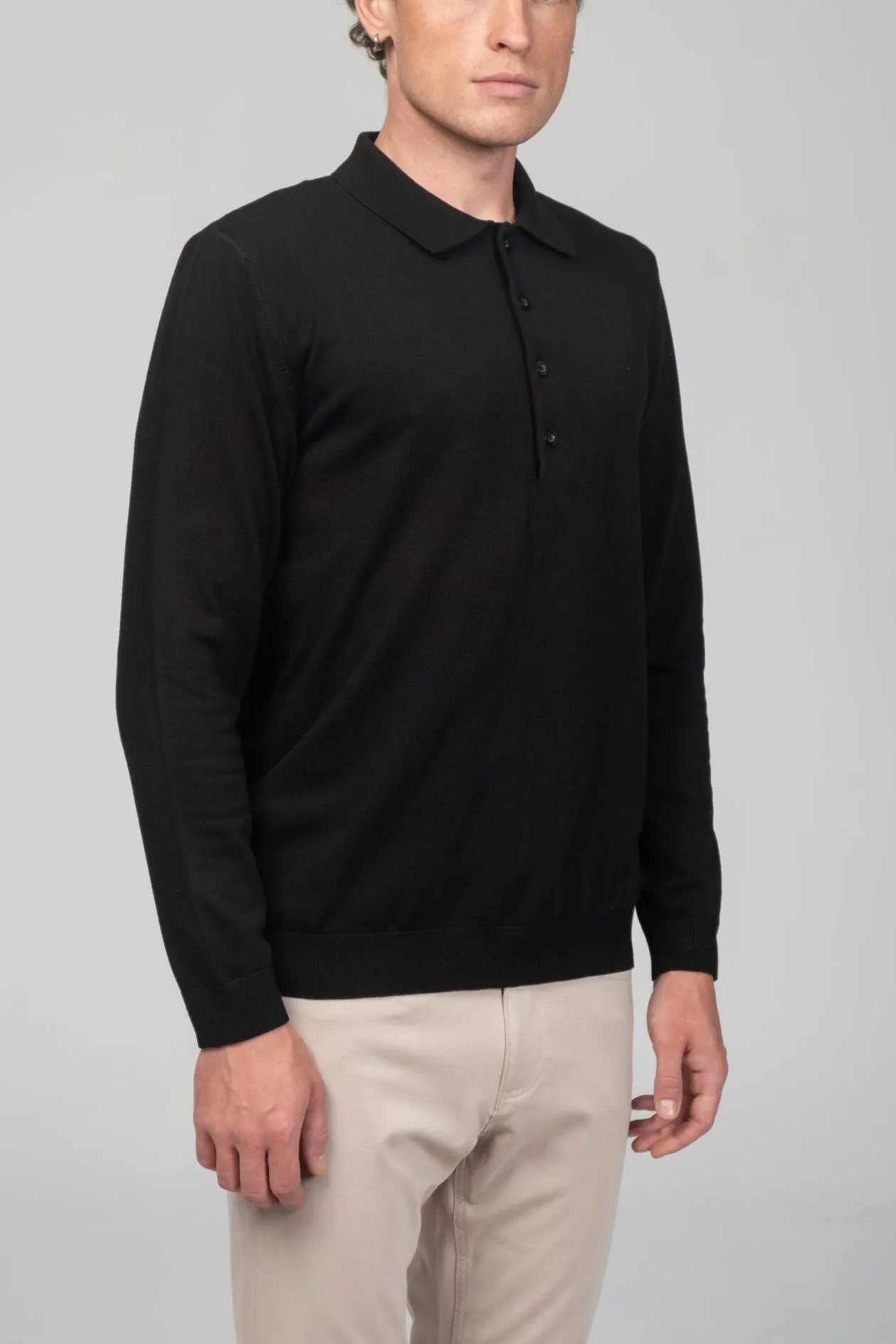 Four Button Down Polo Sweater  - Black