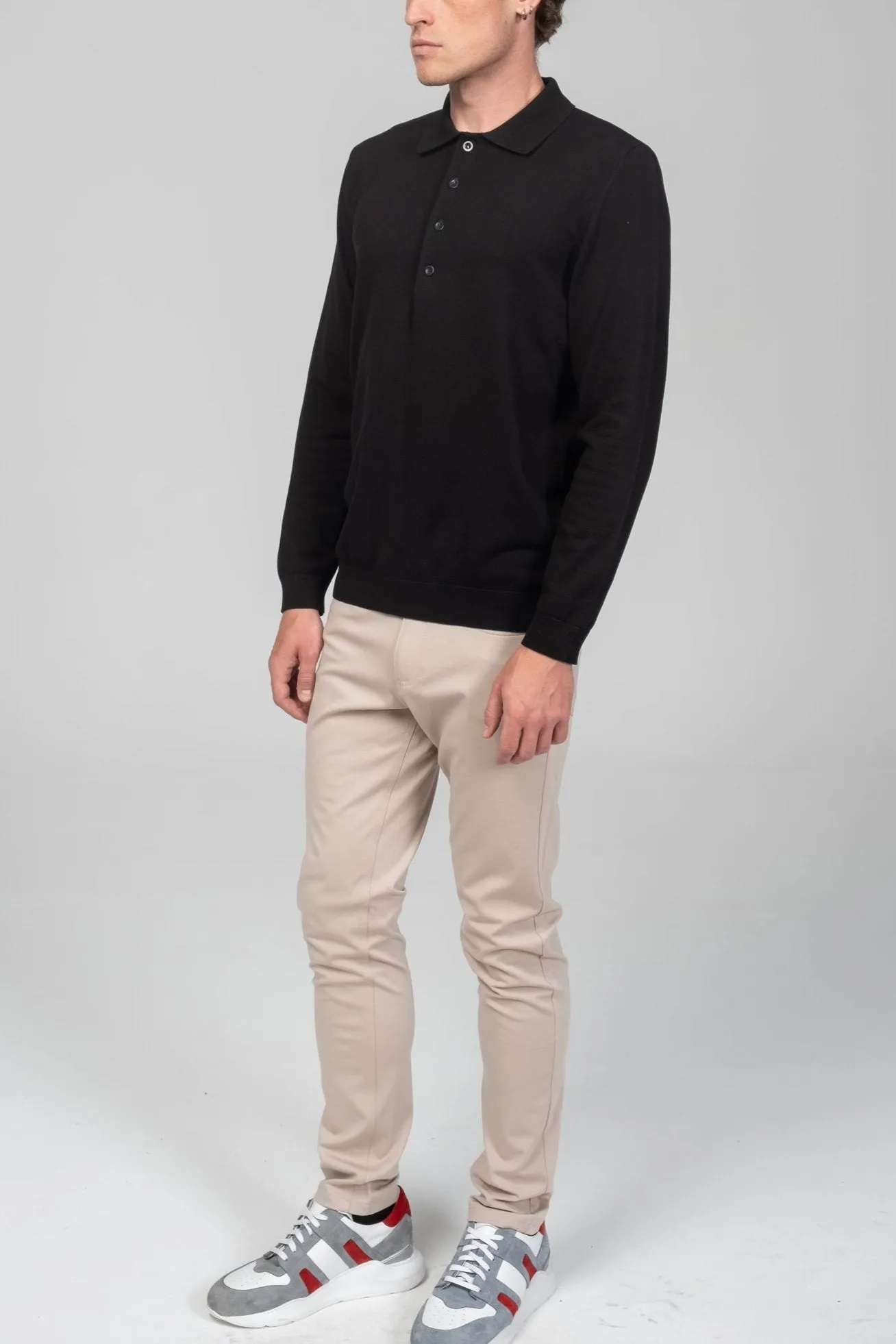 Four Button Down Polo Sweater  - Black