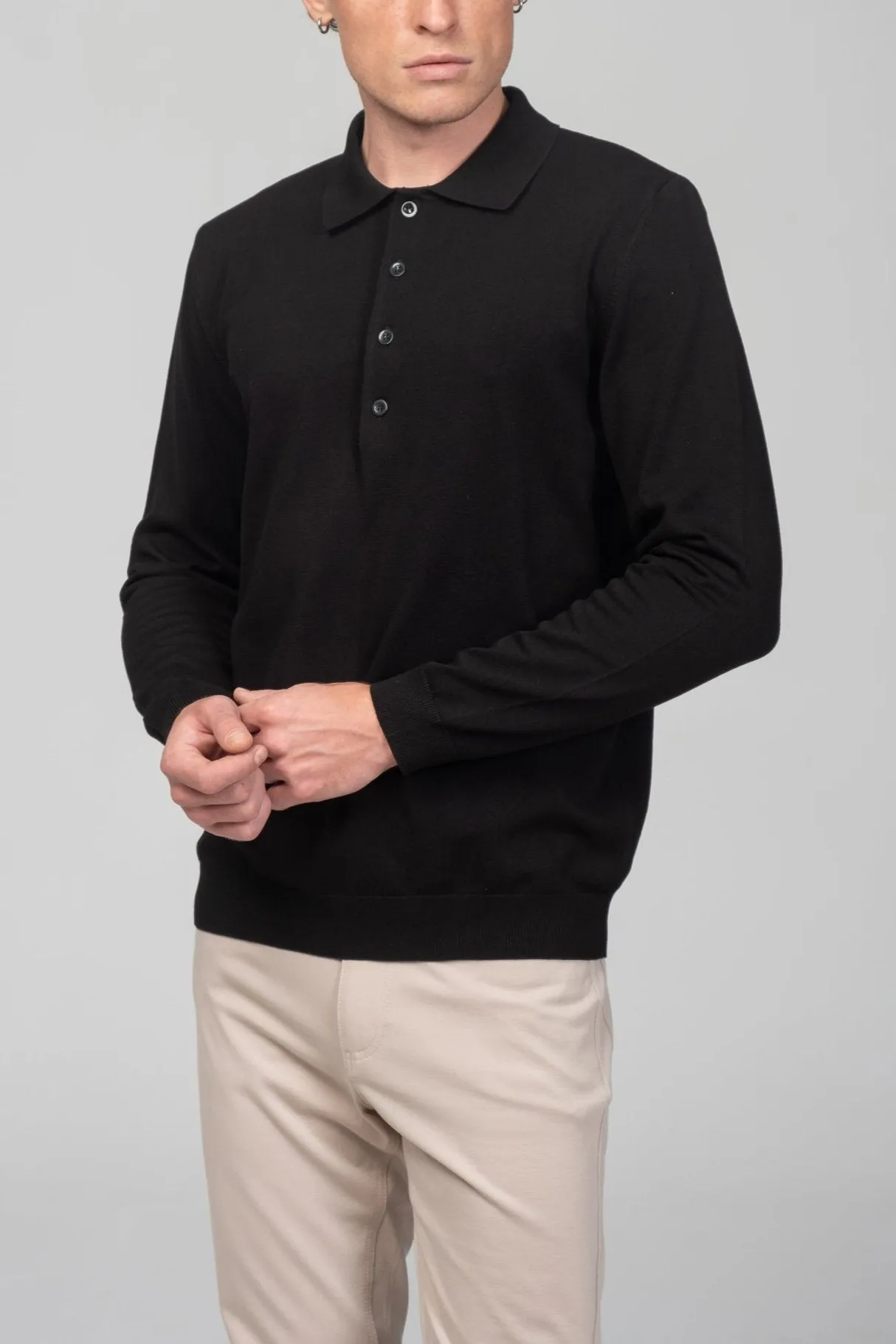 Four Button Down Polo Sweater  - Black