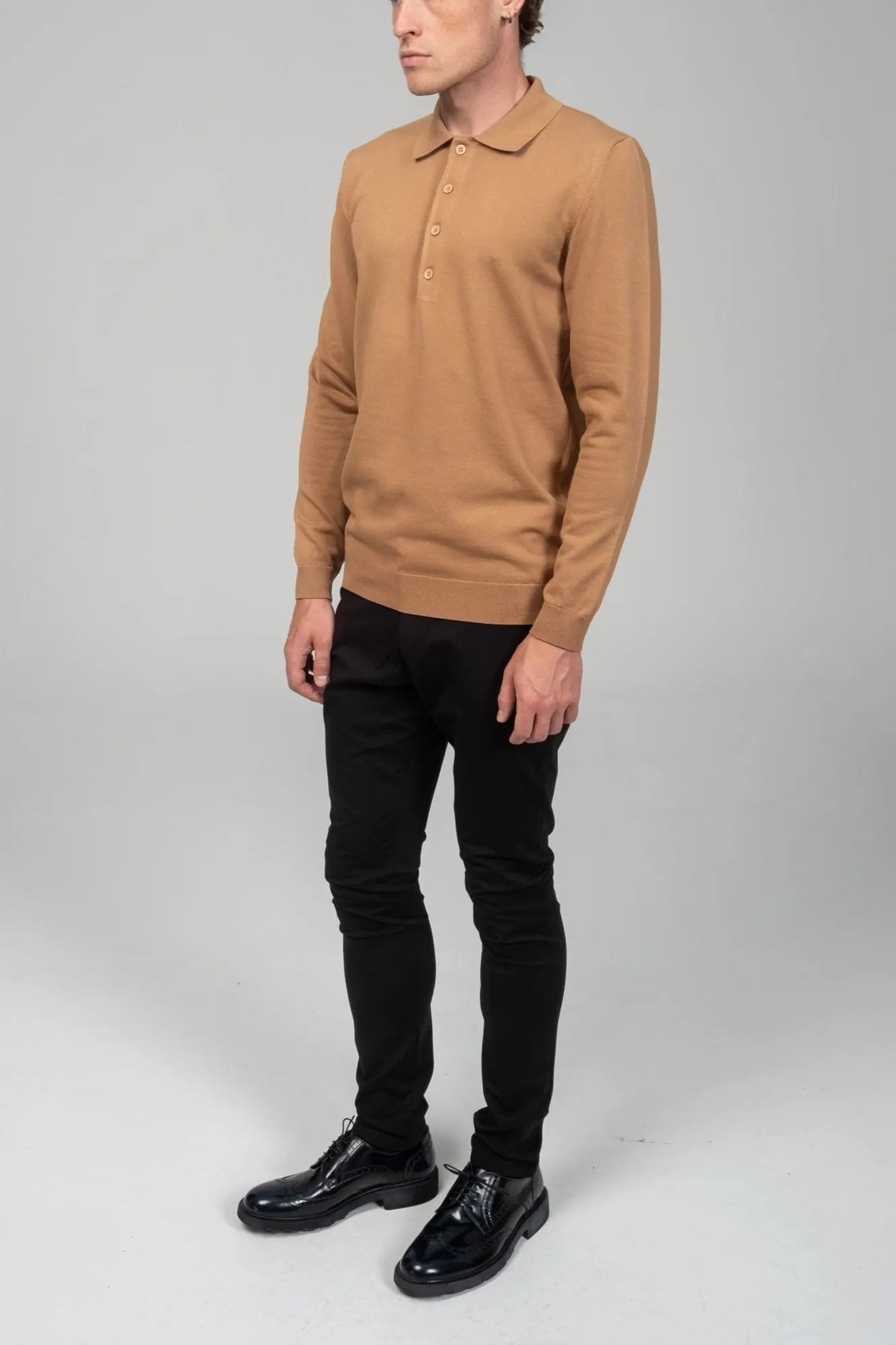 Four Button Down Polo Sweater  - Camel