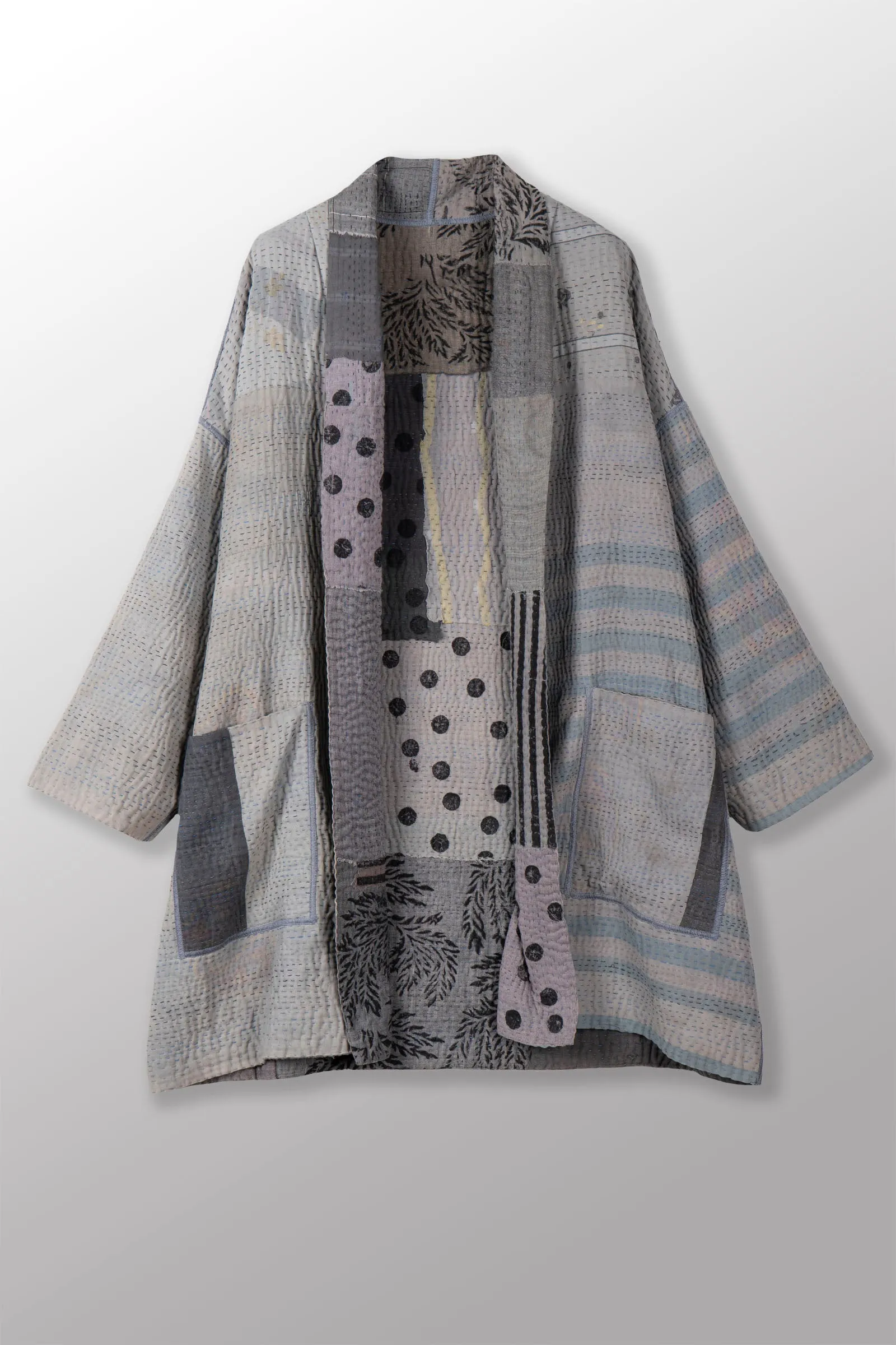 FRAYED PATCH KANTHA HAORI JACKET - fi4068-gry -