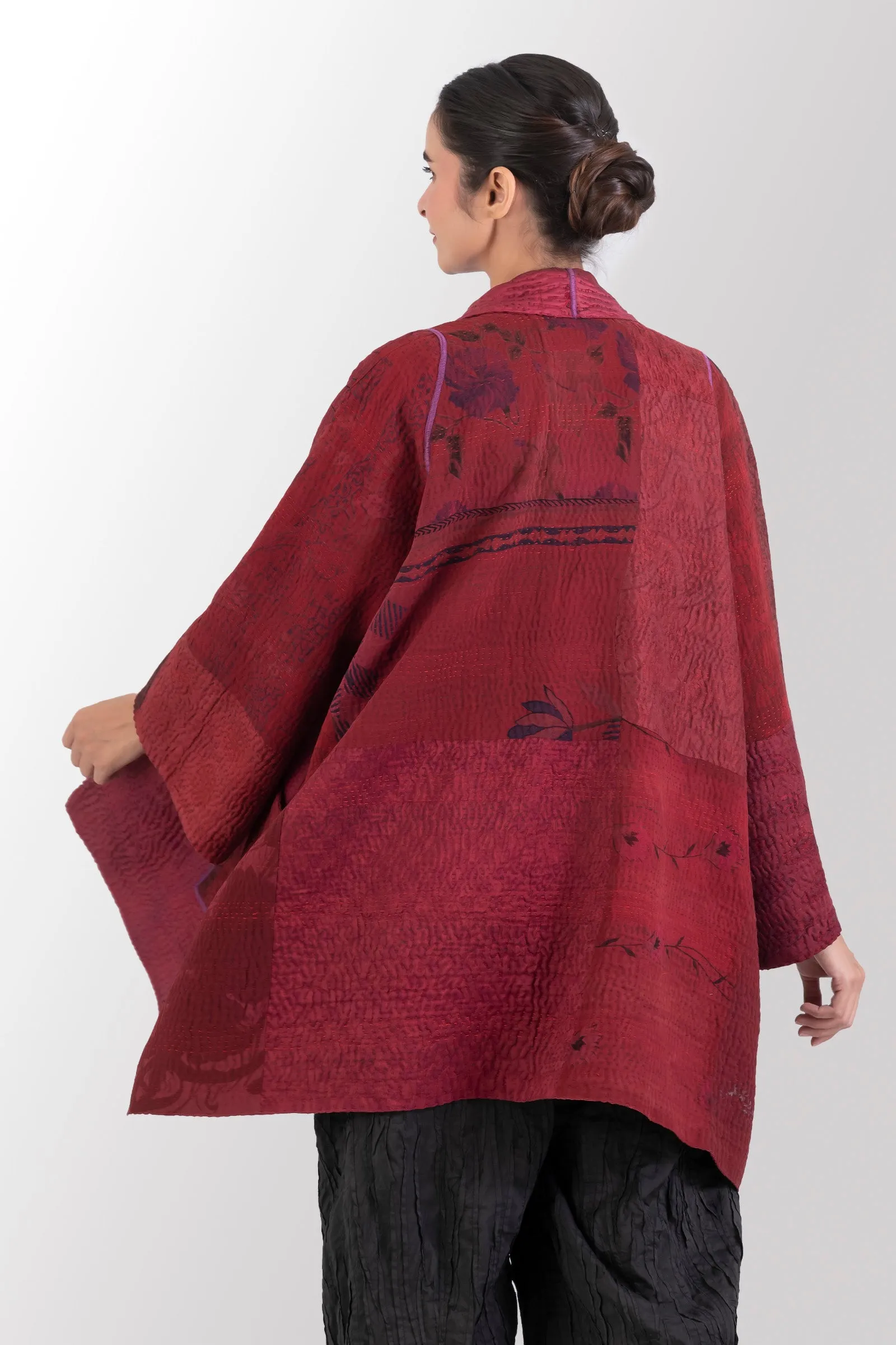 GEORGETTE JACQUARD VINTAGE SILK PATCH KANTHA A-LINE JACKET - gj4003-red -