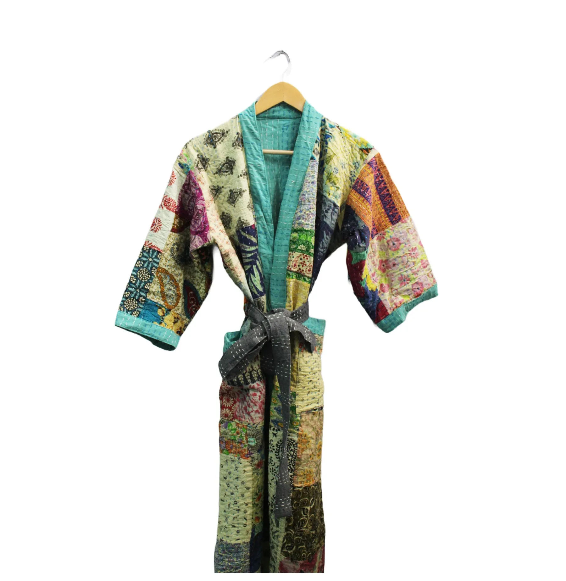 Indian Handmade Japanese Kimono Style Kantha Robe Jacket Coat with tie belt Vintage Wear Boho Fashion