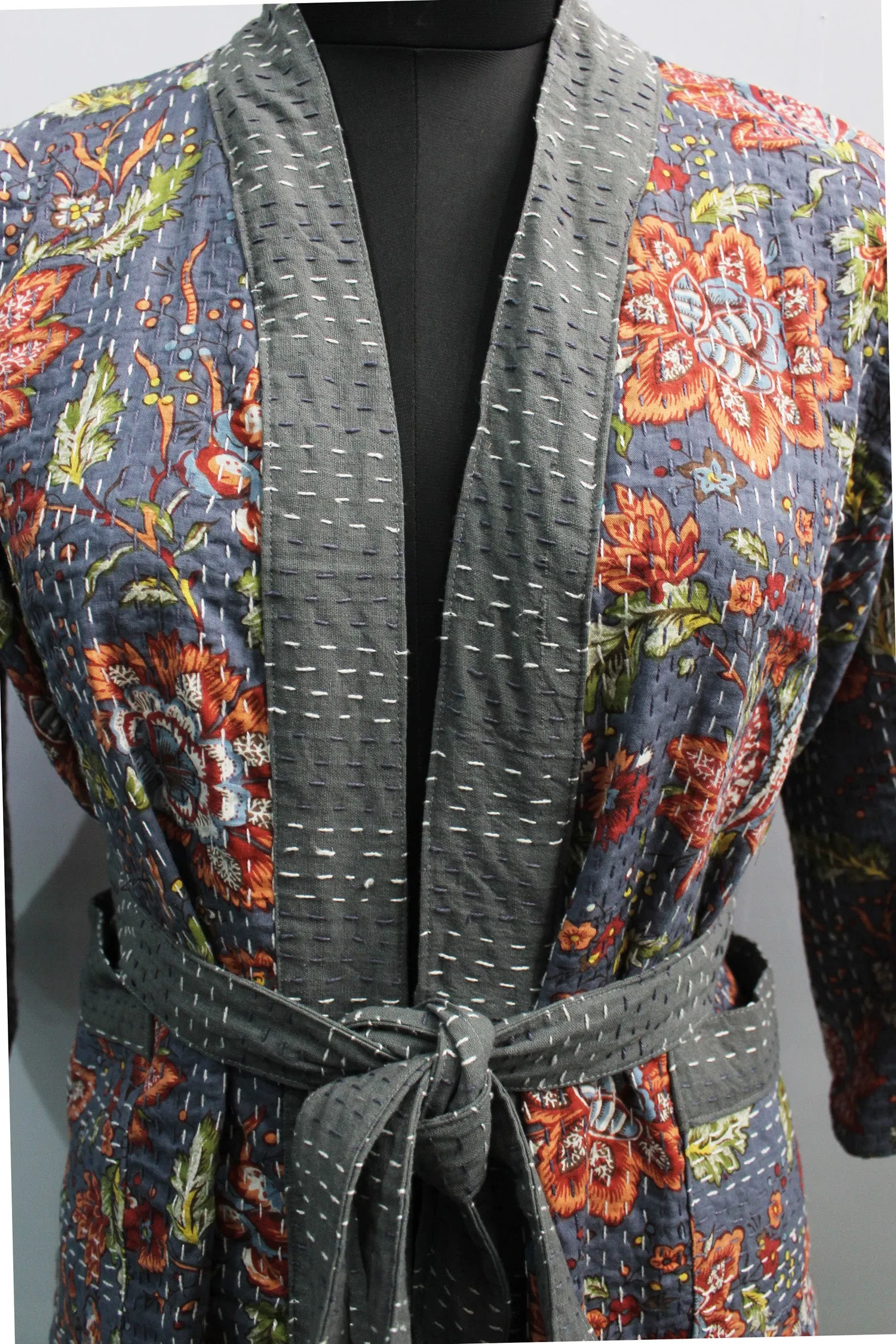 Indian Handmade Japanese Kimono Style Kantha Robe Jacket Coat with tie belt Vintage Wear Boho Fashion