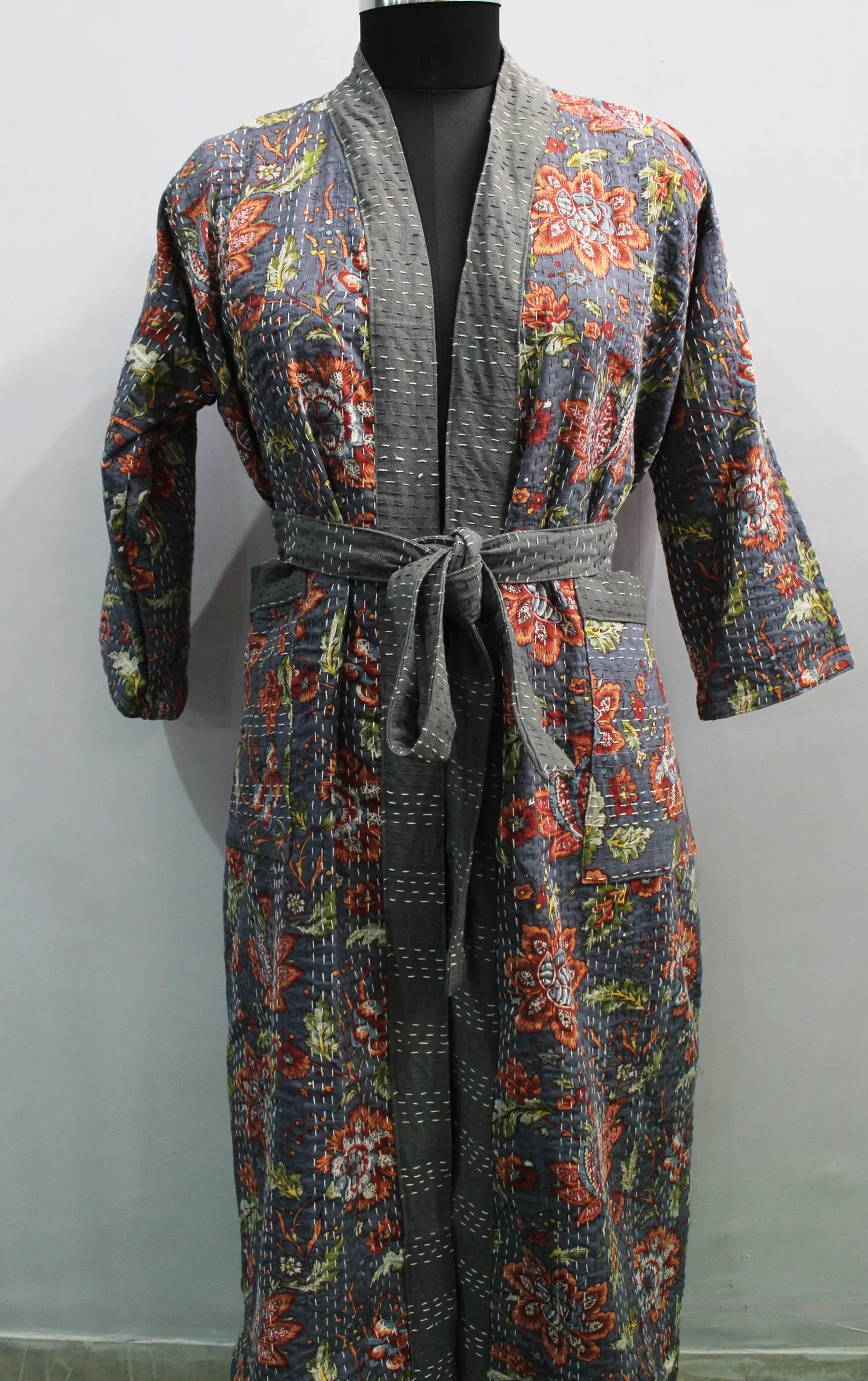 Indian Handmade Japanese Kimono Style Kantha Robe Jacket Coat with tie belt Vintage Wear Boho Fashion