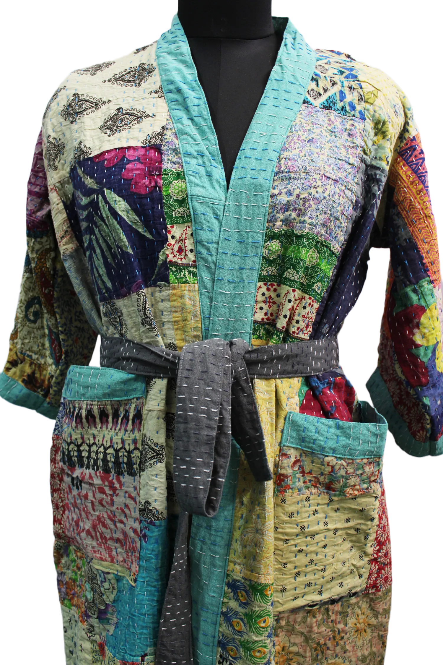 Indian Handmade Japanese Kimono Style Kantha Robe Jacket Coat with tie belt Vintage Wear Boho Fashion