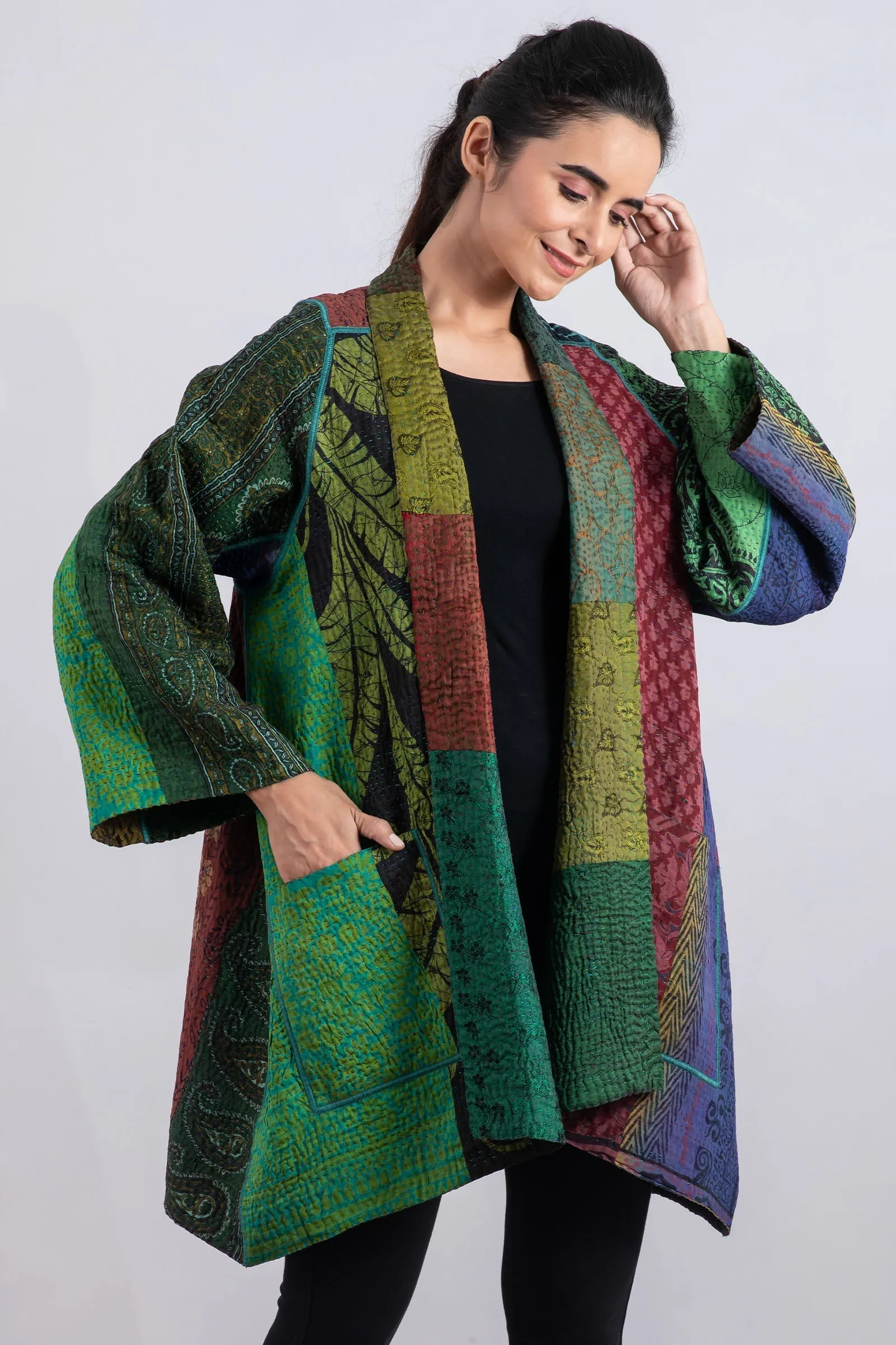 JACQUARD SILK KANTHA A-LINE JKT - js4003-grn -