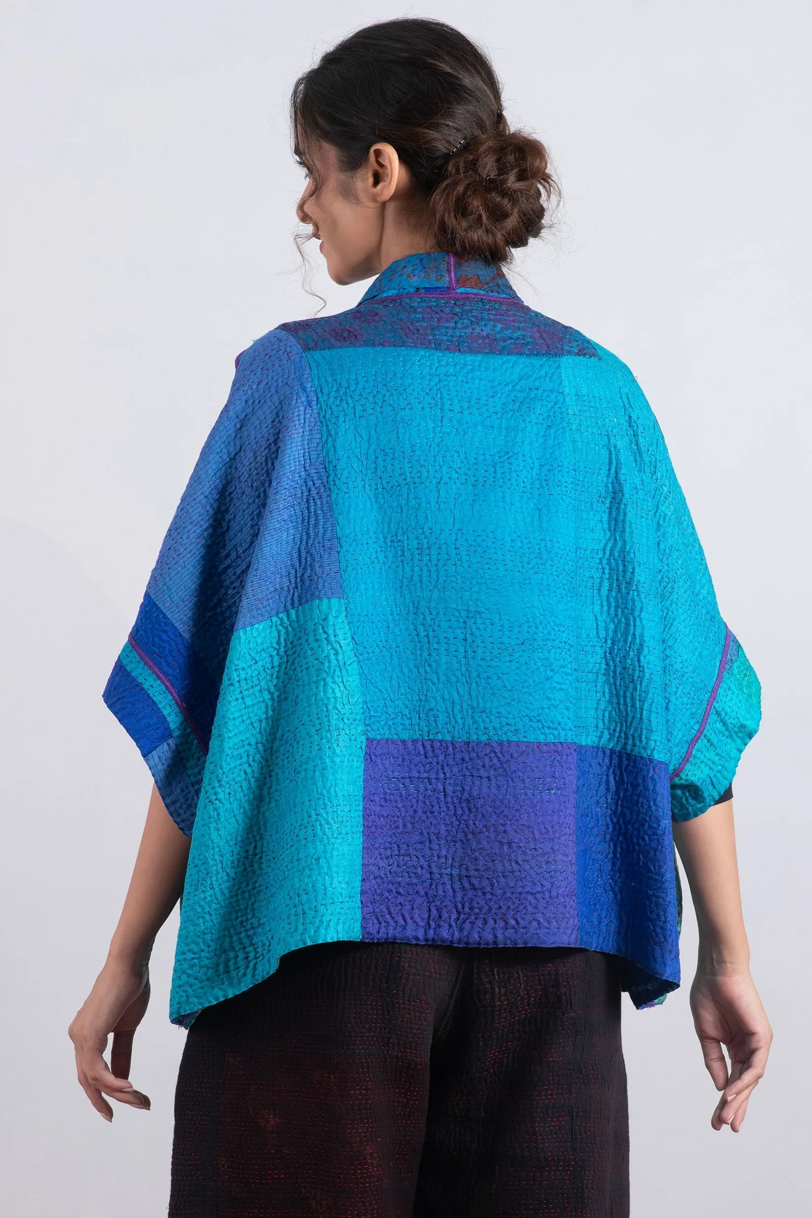 JACQUARD SILK KANTHA MINI PONCHO - js4060-blu -