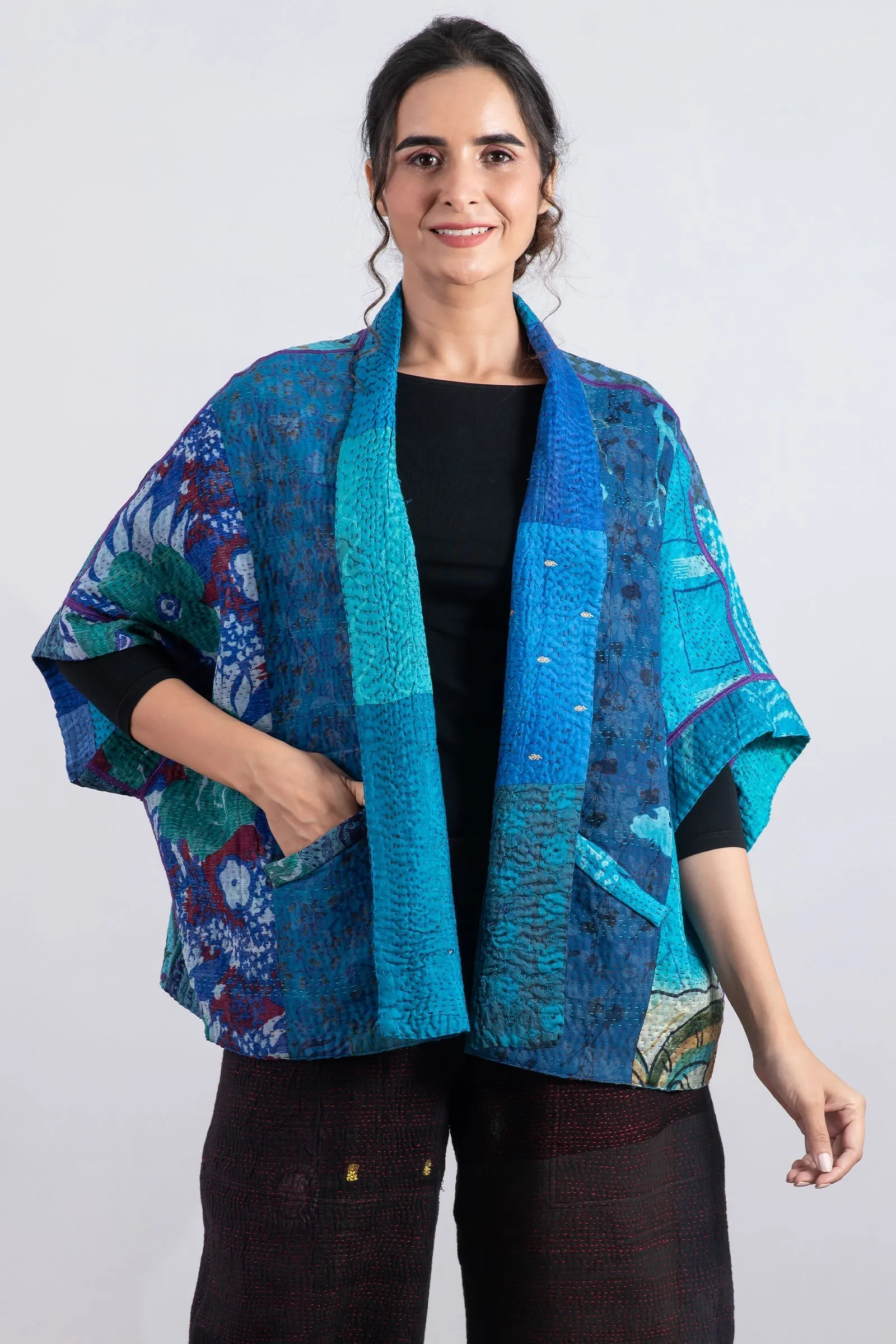 JACQUARD SILK KANTHA MINI PONCHO - js4060-blu -