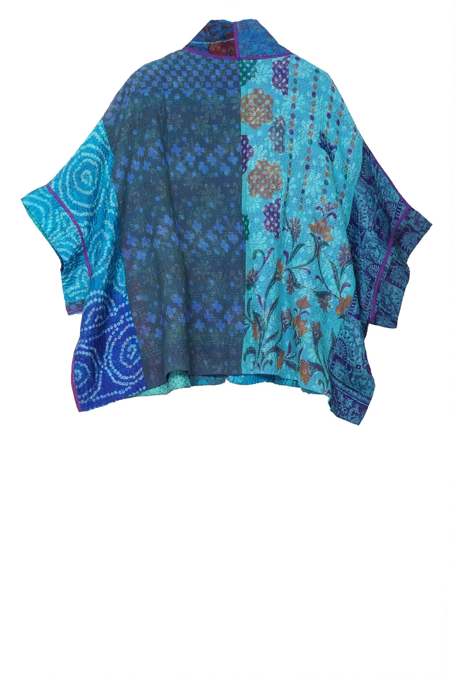 JACQUARD SILK KANTHA MINI PONCHO - js4060-blu -