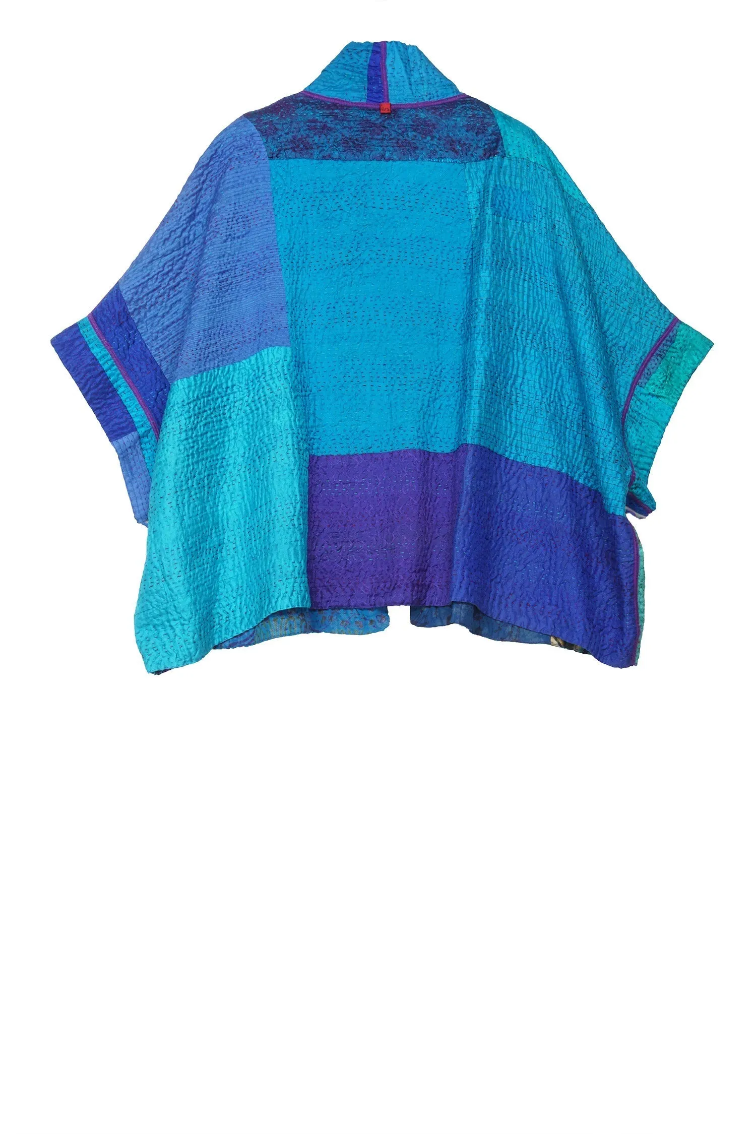 JACQUARD SILK KANTHA MINI PONCHO - js4060-blu -