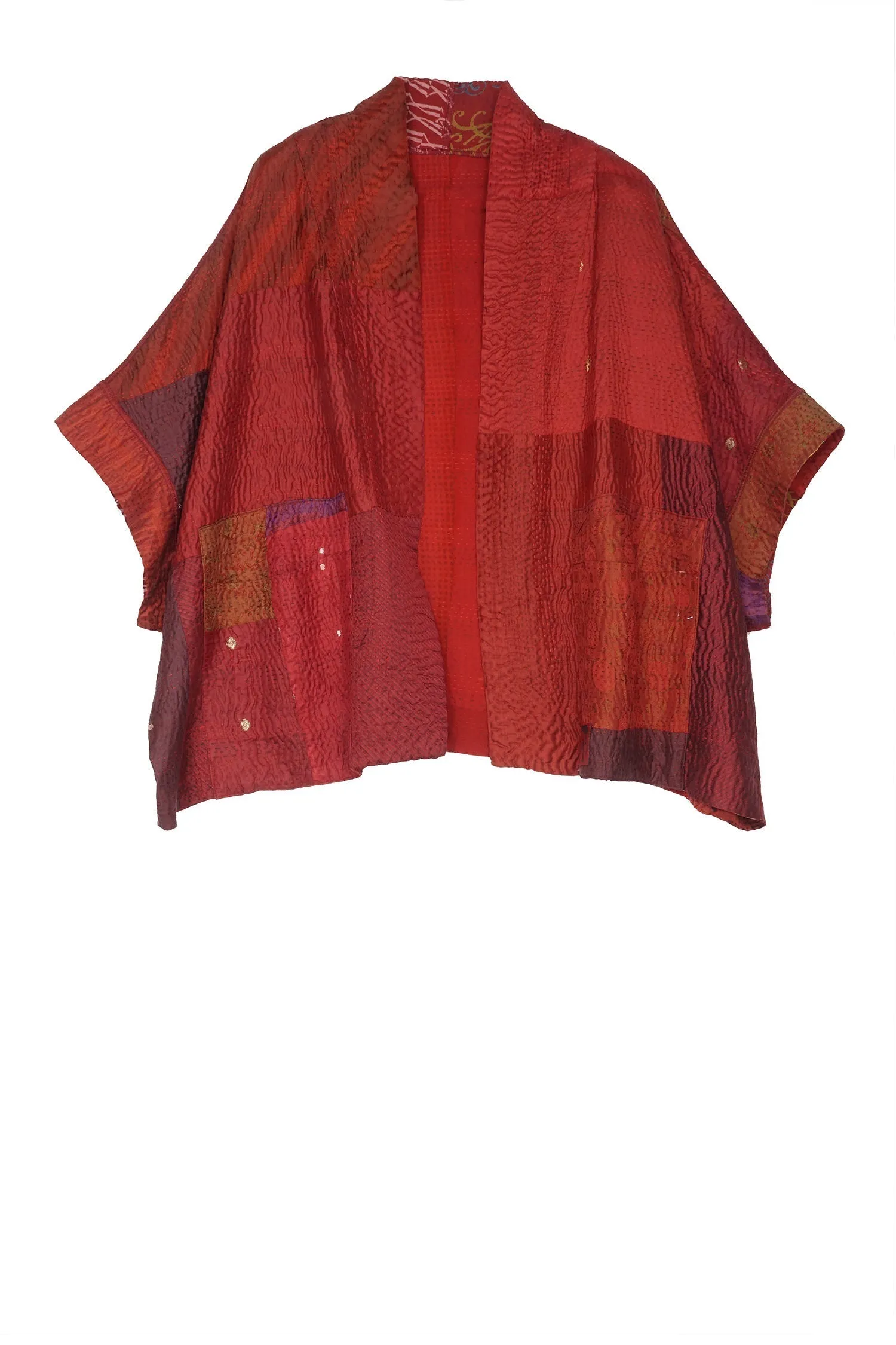 JACQUARD SILK KANTHA MINI PONCHO - js4060-red -