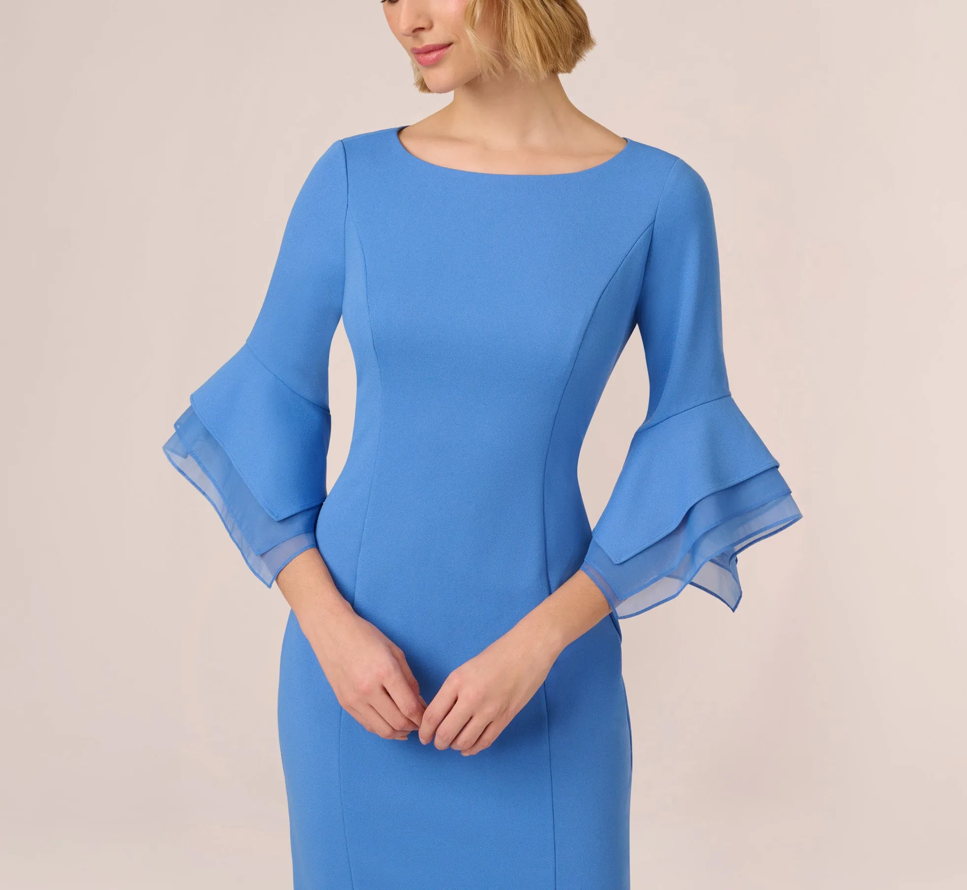 Knit Crepe Sheath Dress With Tiered Three Quarter Sleeves In Cool Water