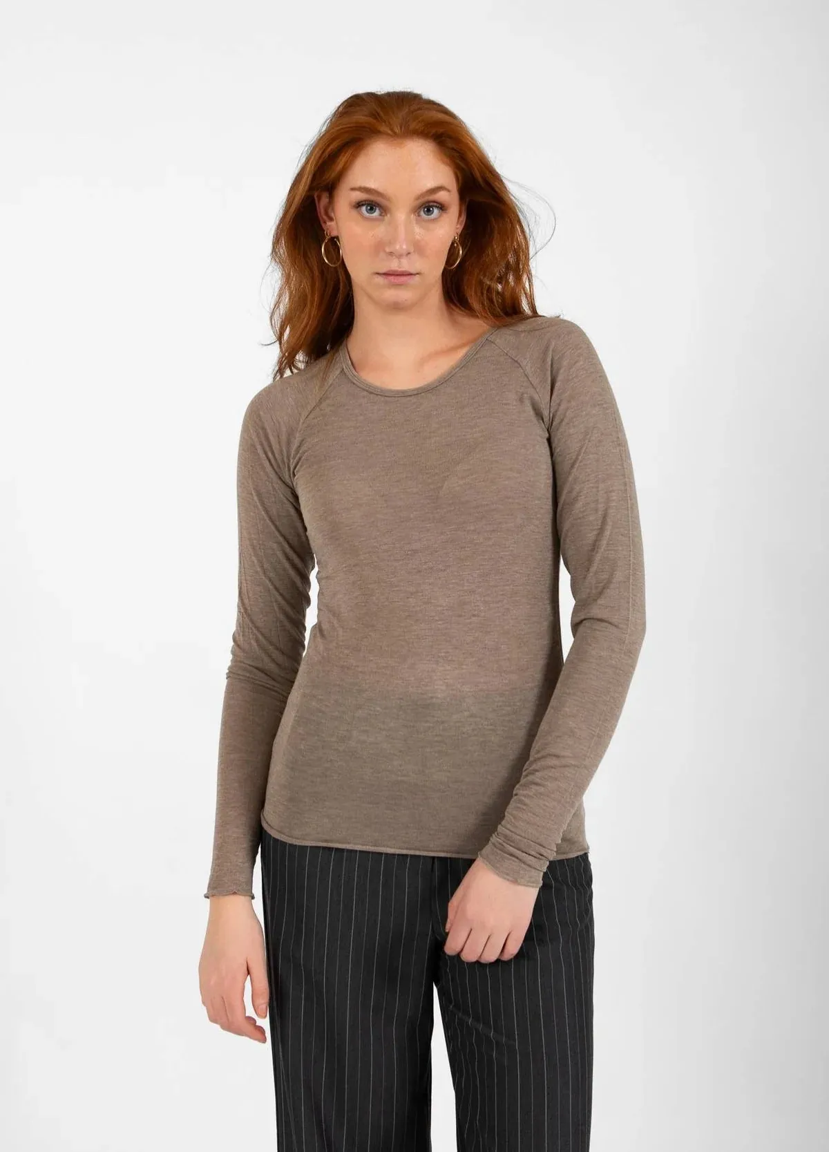 Lana Long Sleeve Merino Wool Mix Long Sleeve Top in Hazel Melange