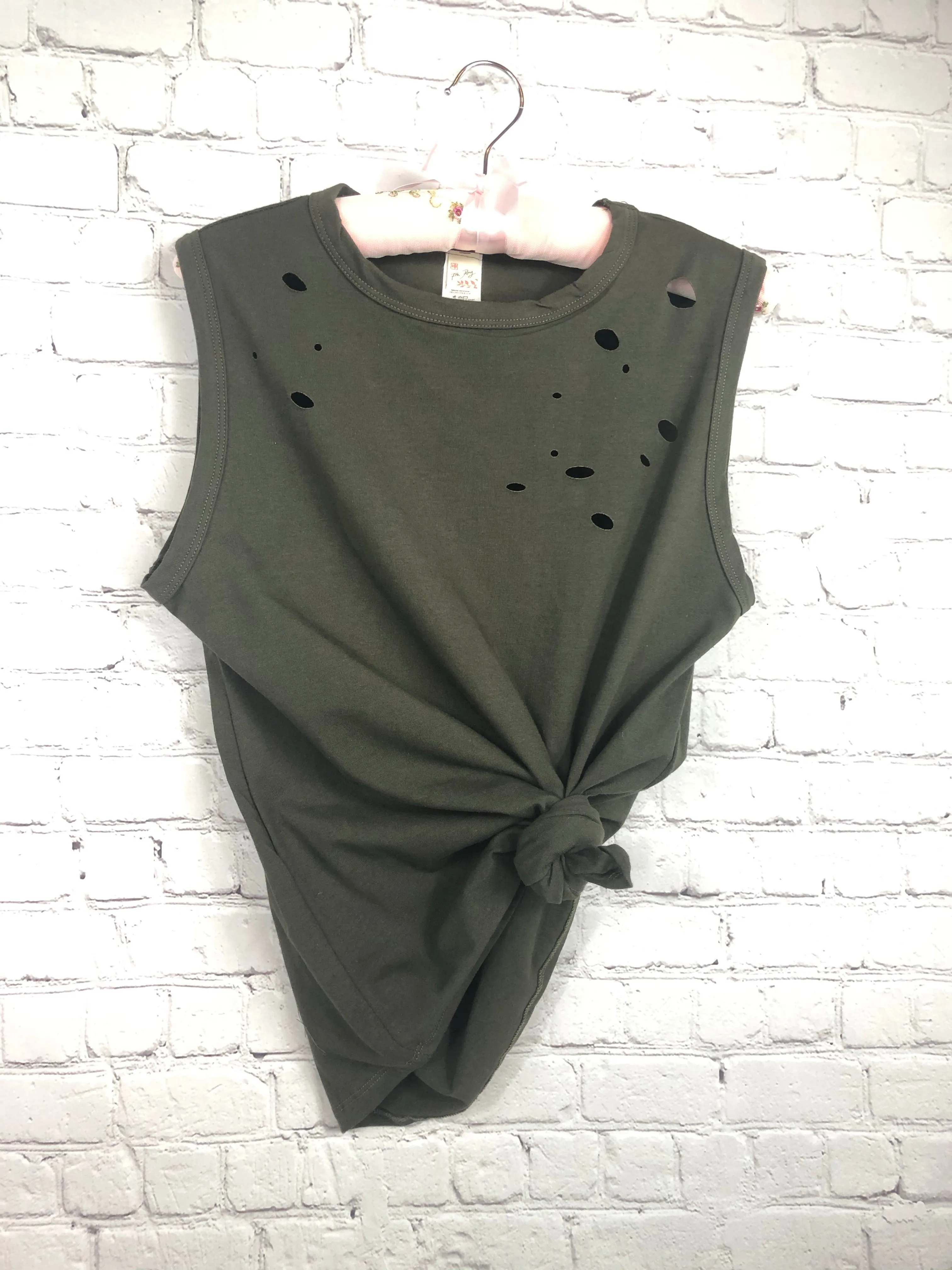 Laser Cut Sleeveless Tank Top in Olive