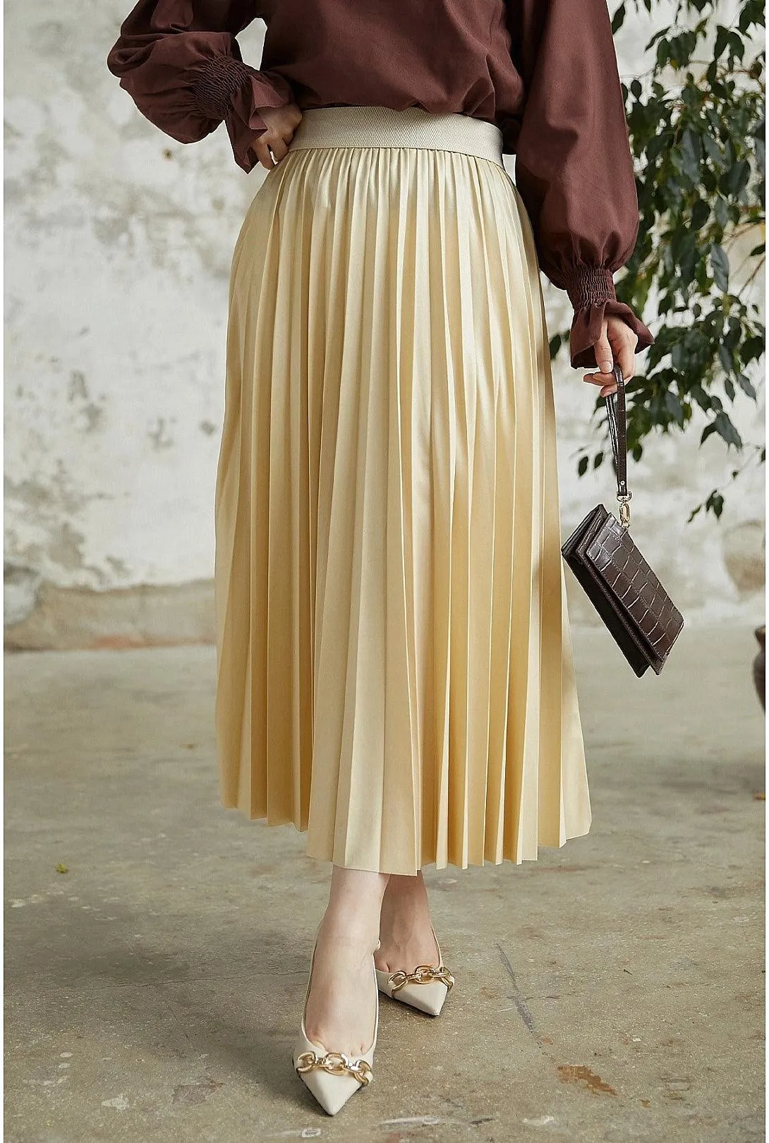 Leather Look Long Maxi Skirt for Women - Creamy Beige