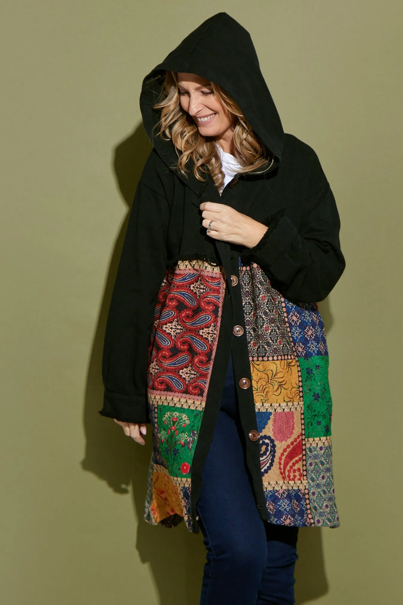 Maggie Chenille Knit & Canvas Coat - Mosaic Patchwork