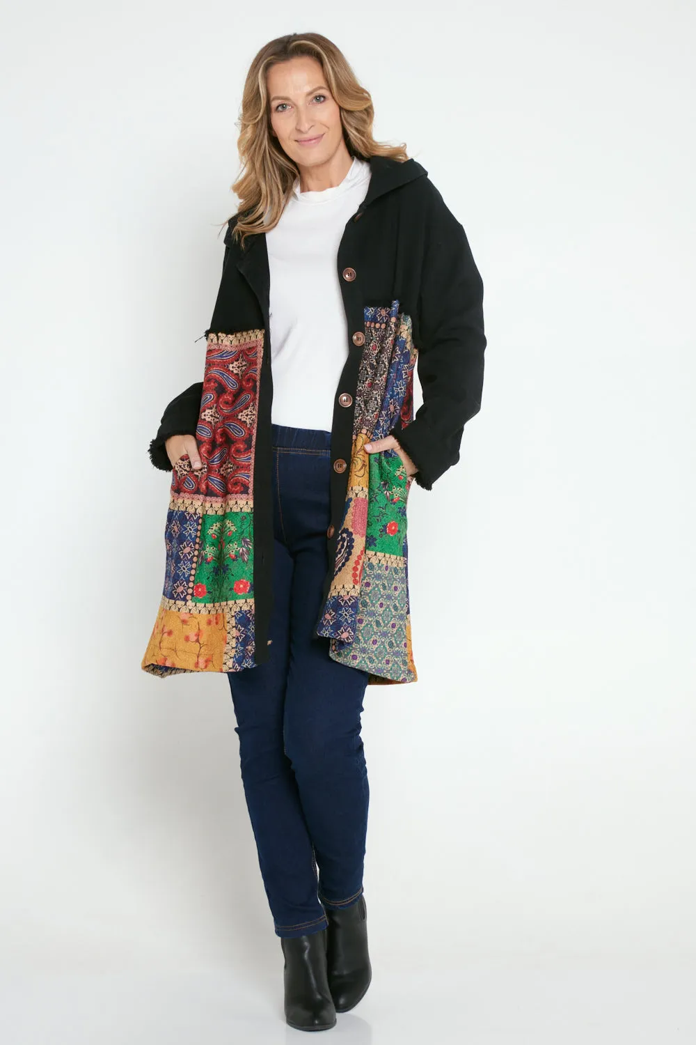 Maggie Chenille Knit & Canvas Coat - Mosaic Patchwork