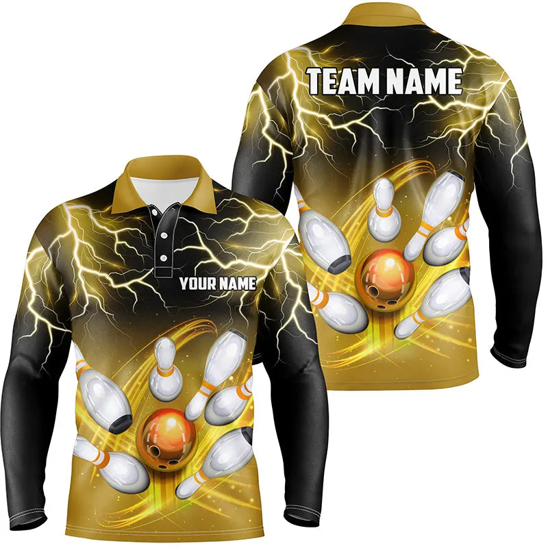 Mens Long Sleeve Polo Bowling Shirt Custom Black Yellow Bowling Lightning Thunder Team Bowling League Jerseys