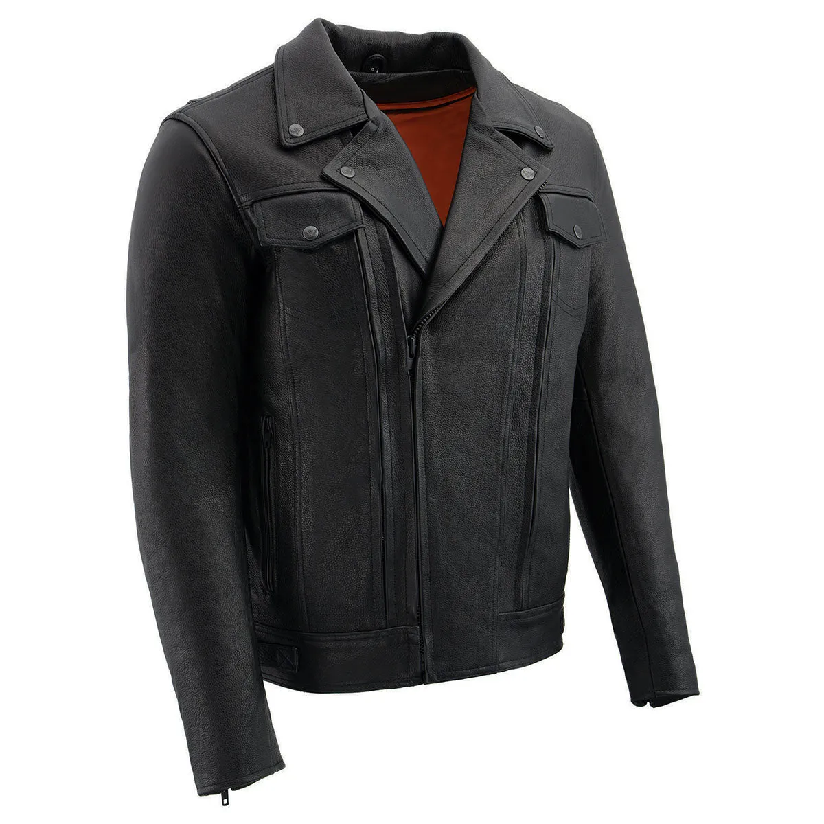 Milwaukee Leather LKM1720 Men's Black 'Pistol Pete' Motorcycle Vented Leather Jacket with Multi-Utility Pockets