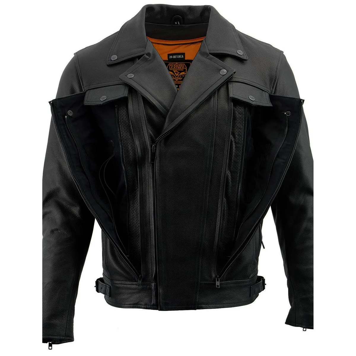 Milwaukee Leather LKM1720 Men's Black 'Pistol Pete' Motorcycle Vented Leather Jacket with Multi-Utility Pockets