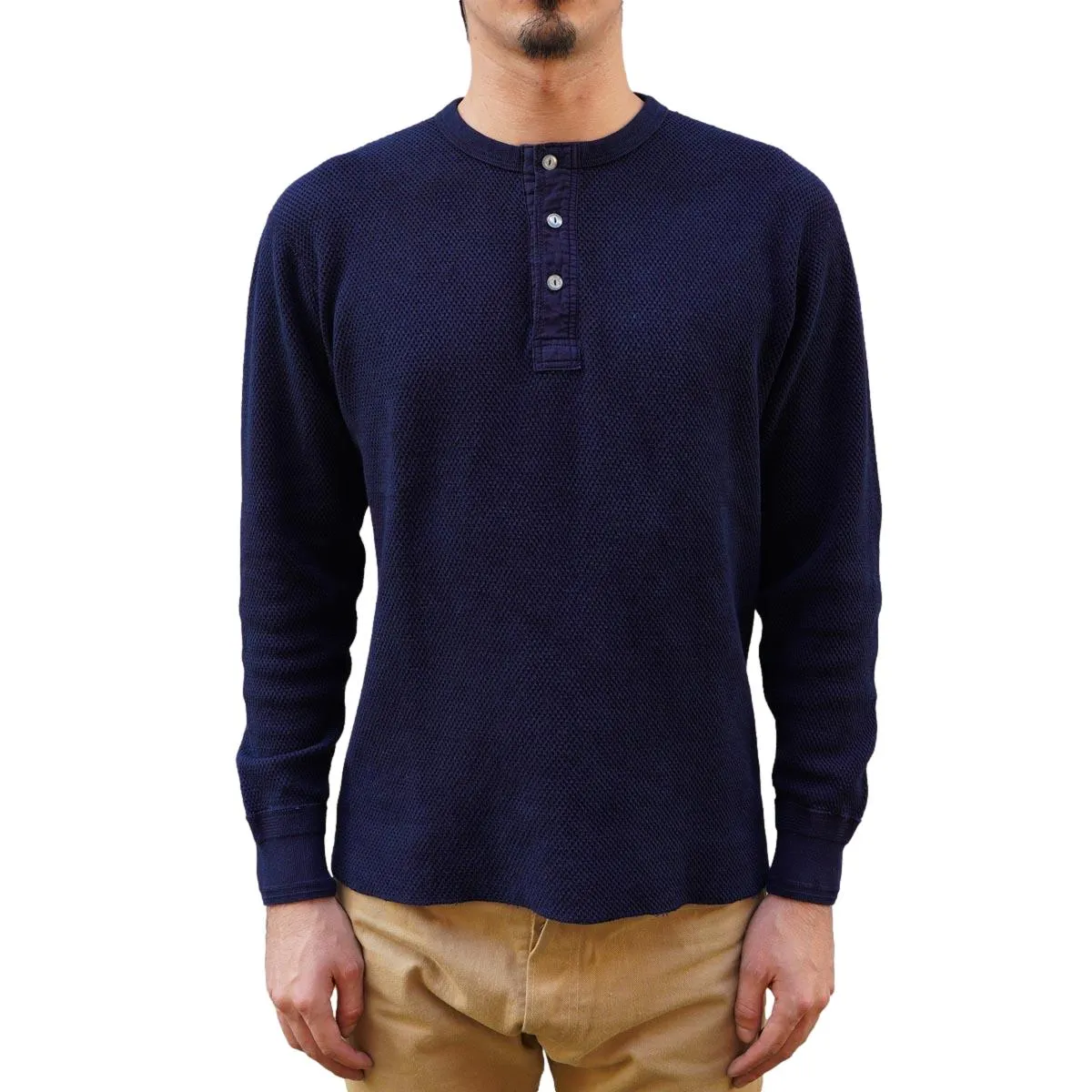 OD LW Indigo Dyed Double Face Hex Honeycomb Henley Thermal