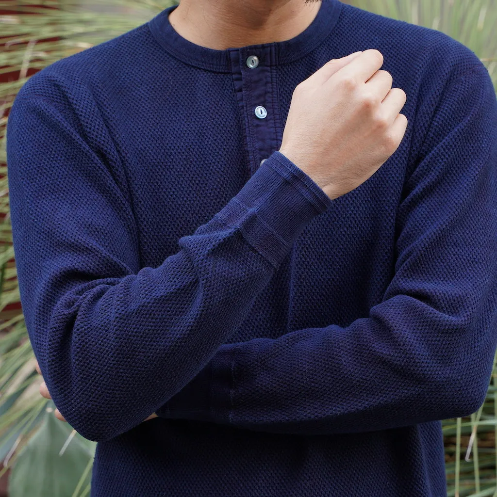 OD LW Indigo Dyed Double Face Hex Honeycomb Henley Thermal