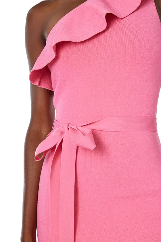 One Shoulder Pink Ruffle Knit Dress