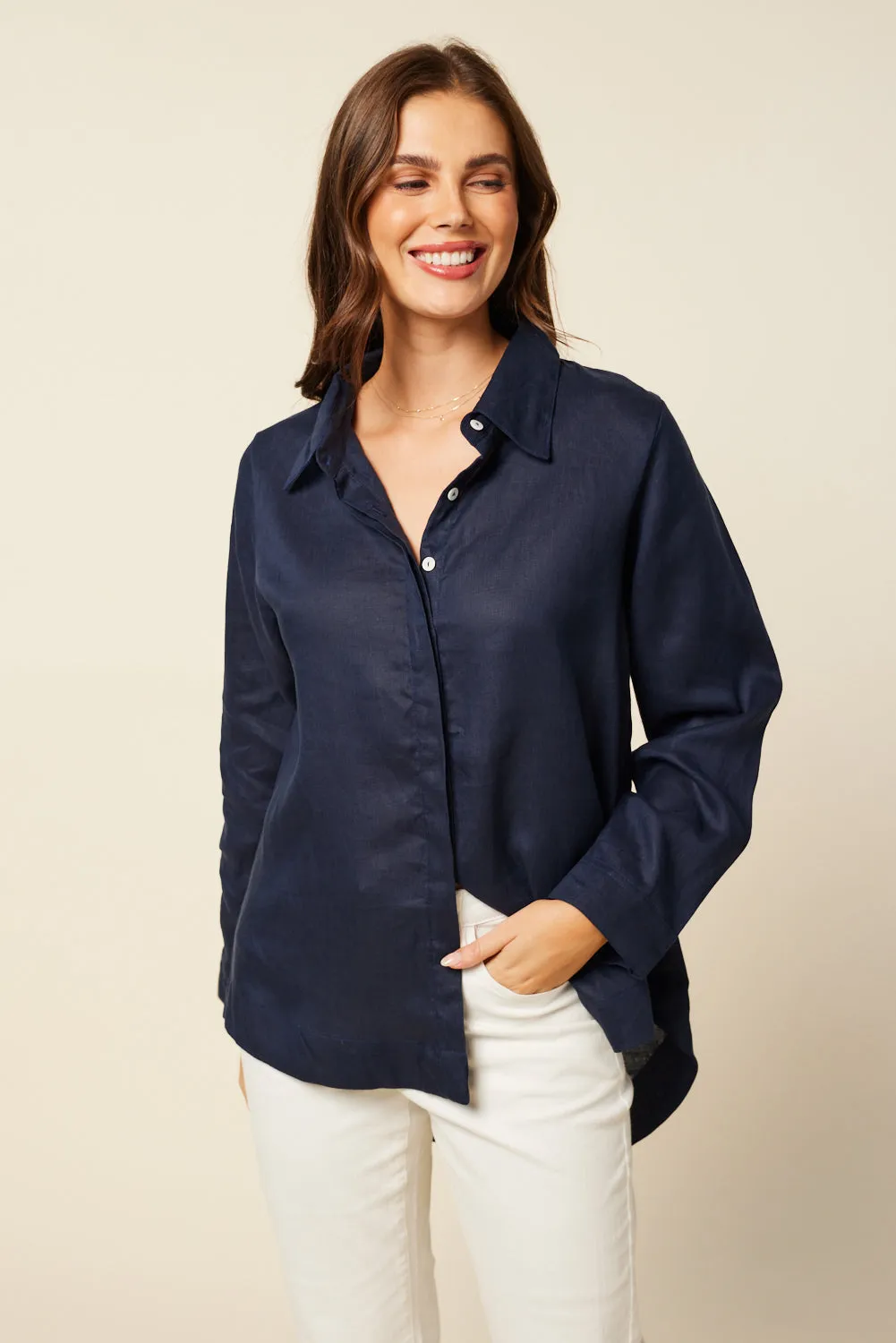 Oversized Linen Boyfriend Shirt in Navy