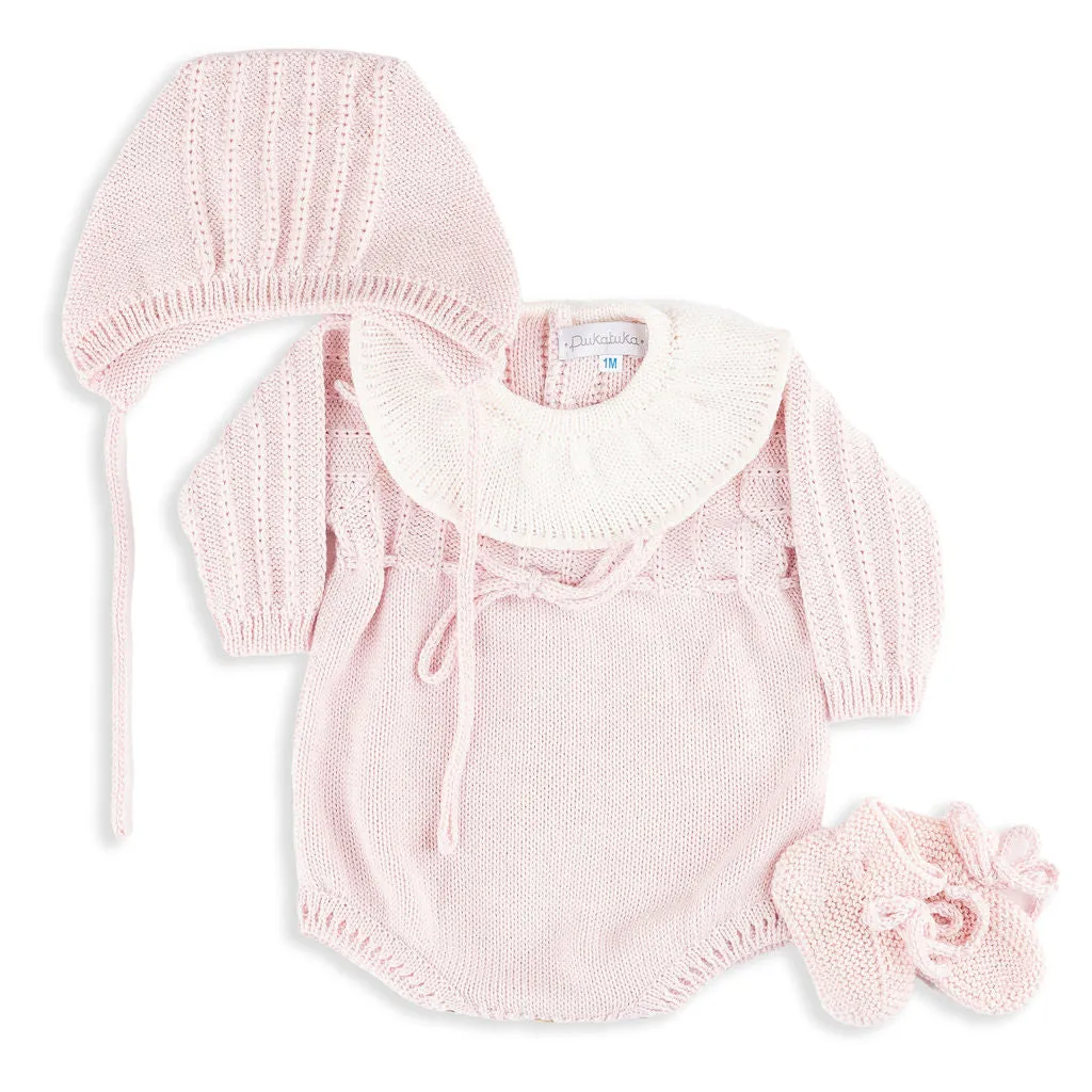 Pink Knit Romper with Ivory Collar