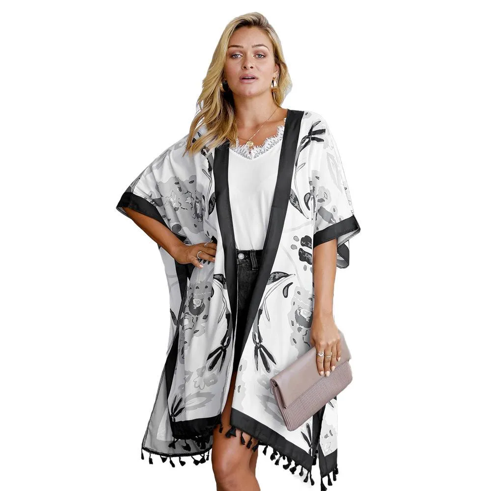 Printed Beach Jacket Women's Mid-length Cardigan Loose Sea Border Sunsuit Su-bian and Kimono Hoodie Blouse