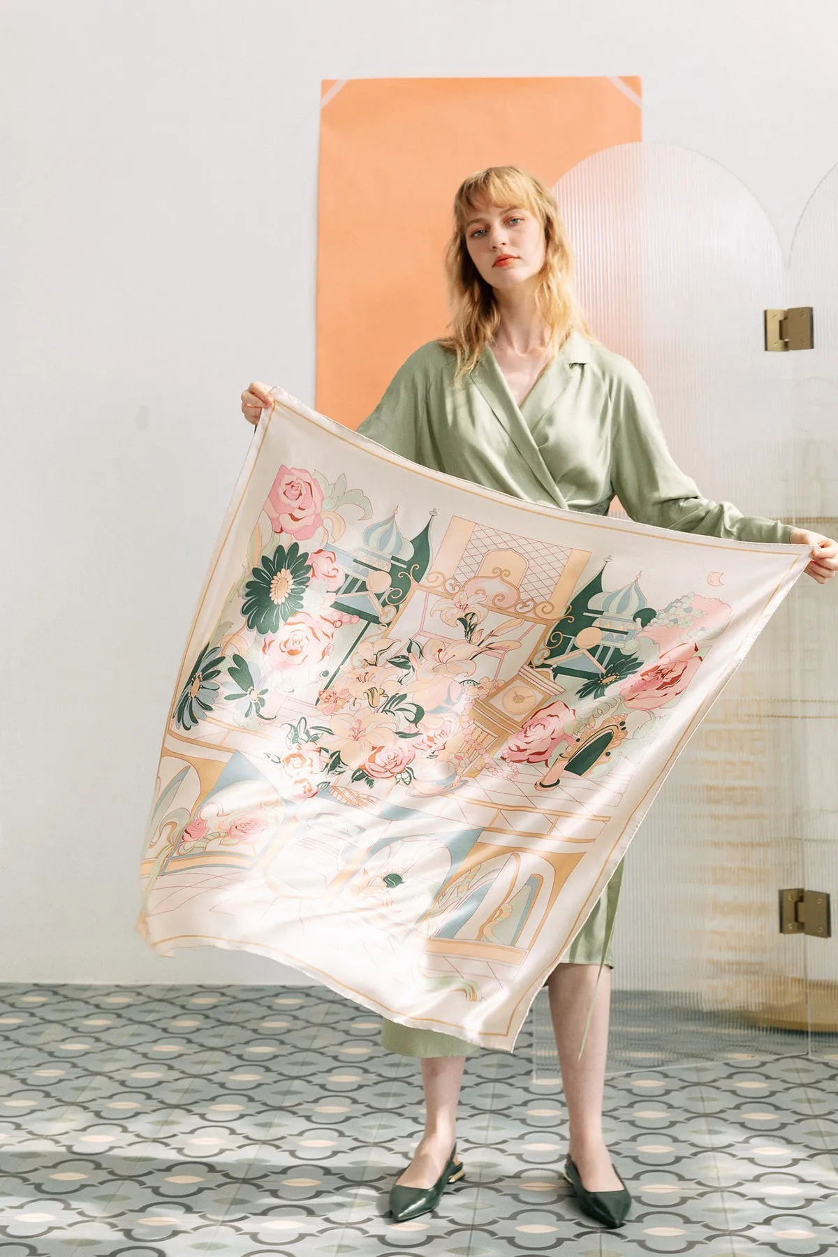 "Vintage Blooms" Large Silk Square Scarf - Champagne