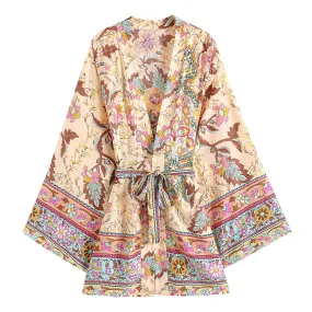 Rayon Cropped Kimono Belt Jacket Loose Bohemian Beach Cardigan