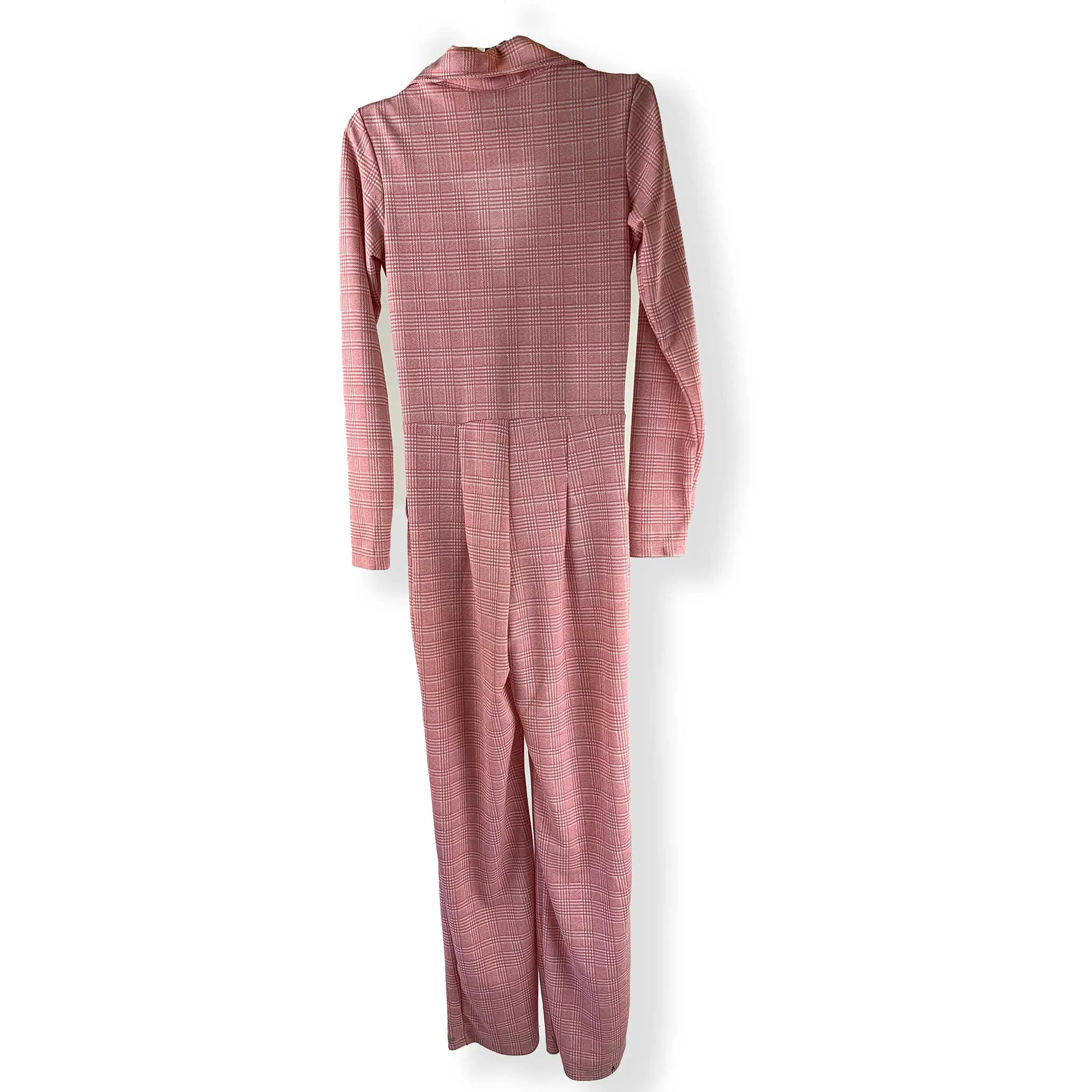 SAMPLE Big Collar, Plunge Neckline 70s Pink Long Sleeve Jumpsuit - Glen Plaid