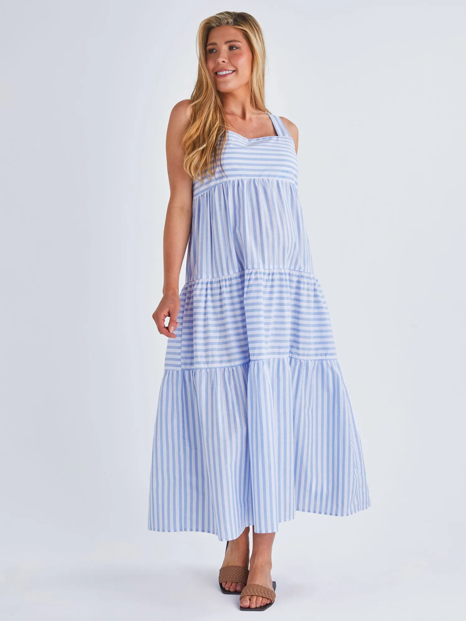 Shirley Maternity Tiered Maxi Dress in Blue Stripe