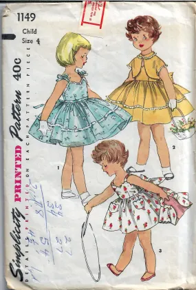 Simplicity 1149 Little Girls Dainty Play Dress Vintage Sewing Pattern 1950s