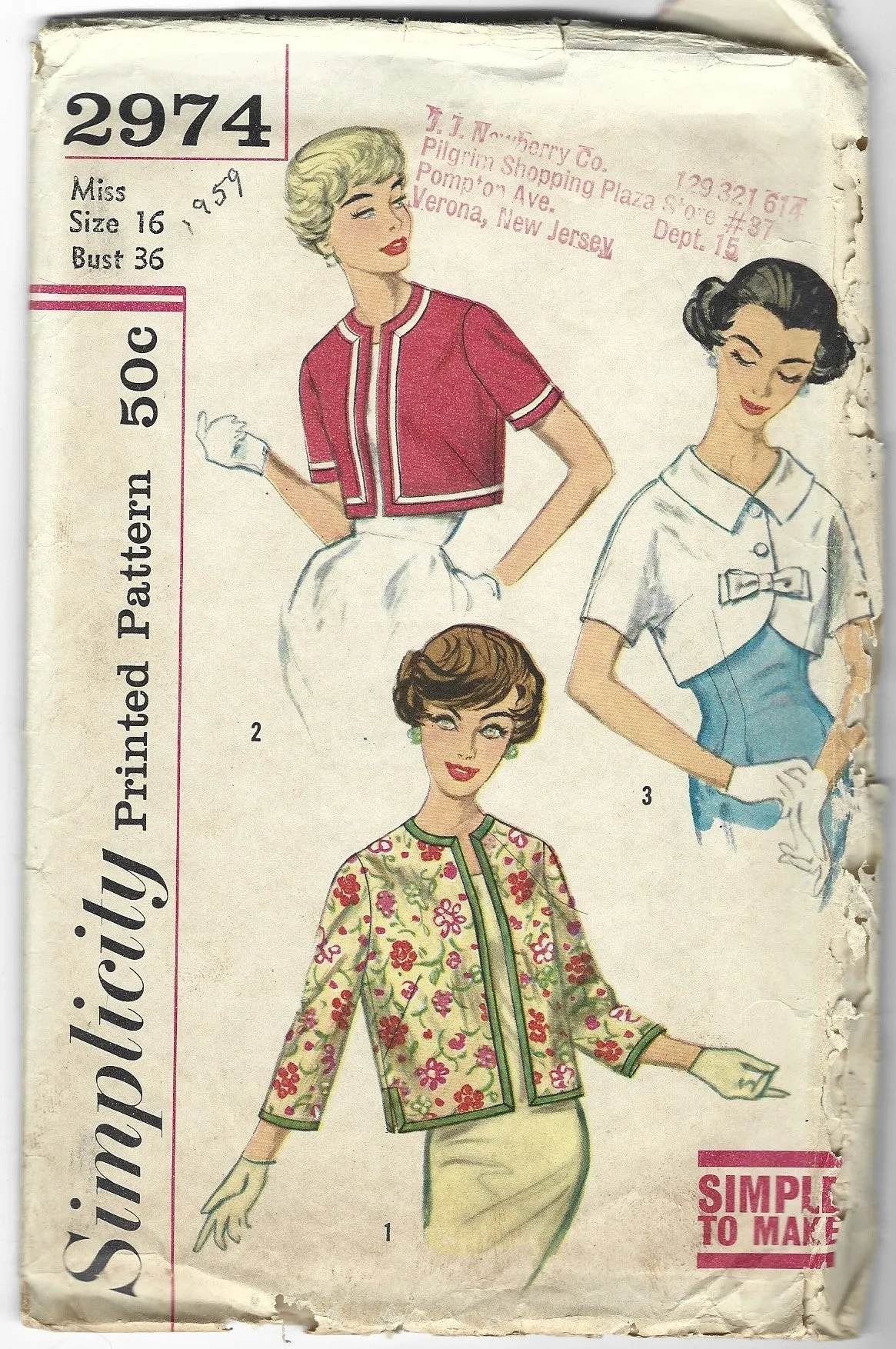 Simplicity 2974 Ladies Bolero Jackets Vintage Sewing Pattern 1950s