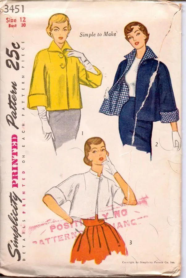 Simplicity 3451 Vintage 1950's Sewing Pattern Ladies Short Jacket Topper Bolero Reversible