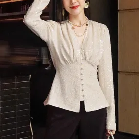 Solid Patchwork Sequins Elegant Temperament Tops For Women V Neck Long Sleeve Spliced Single Breasted Top Female