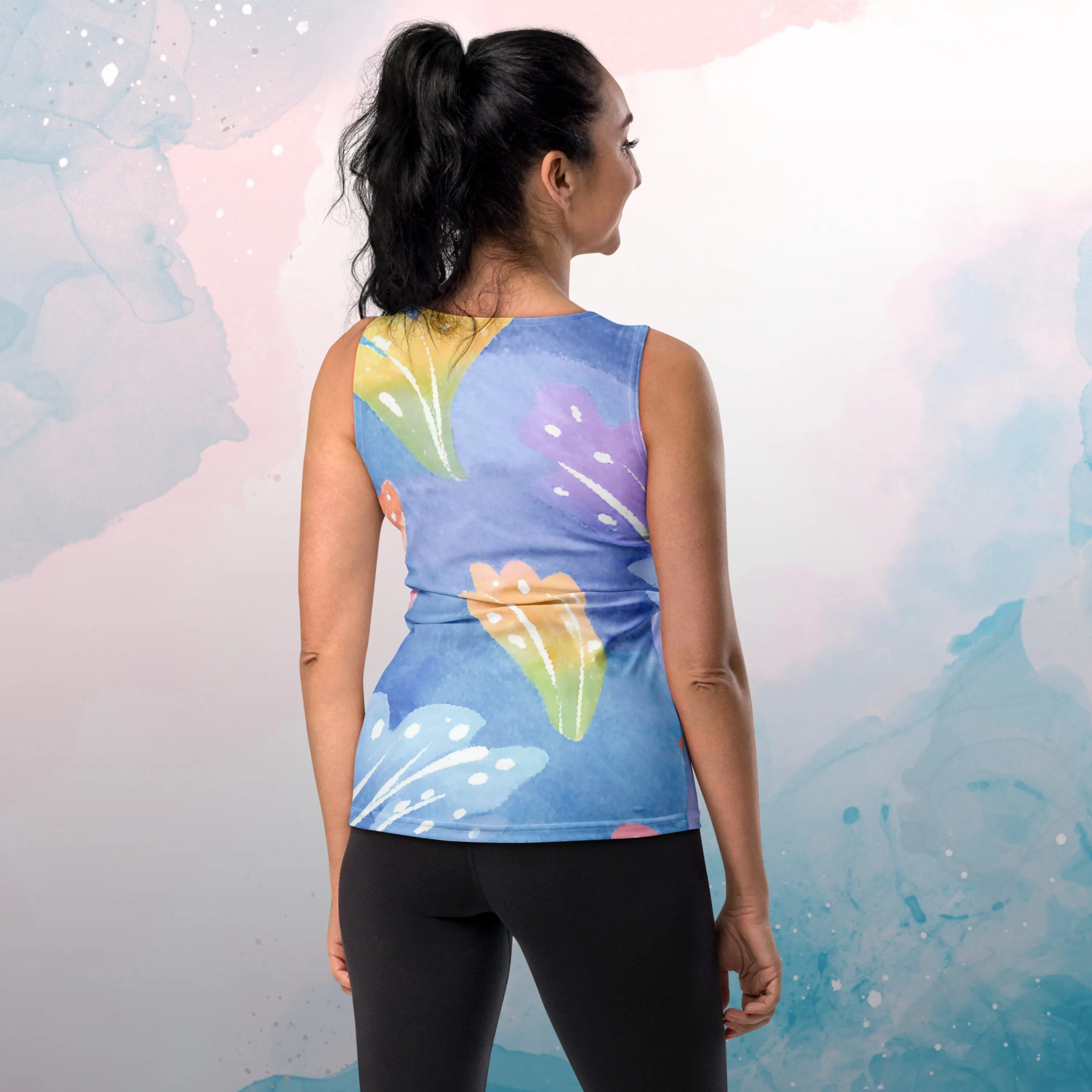 Super Stretchy Womens Tank Top with Bold Print Pastel Watercolor Leaves