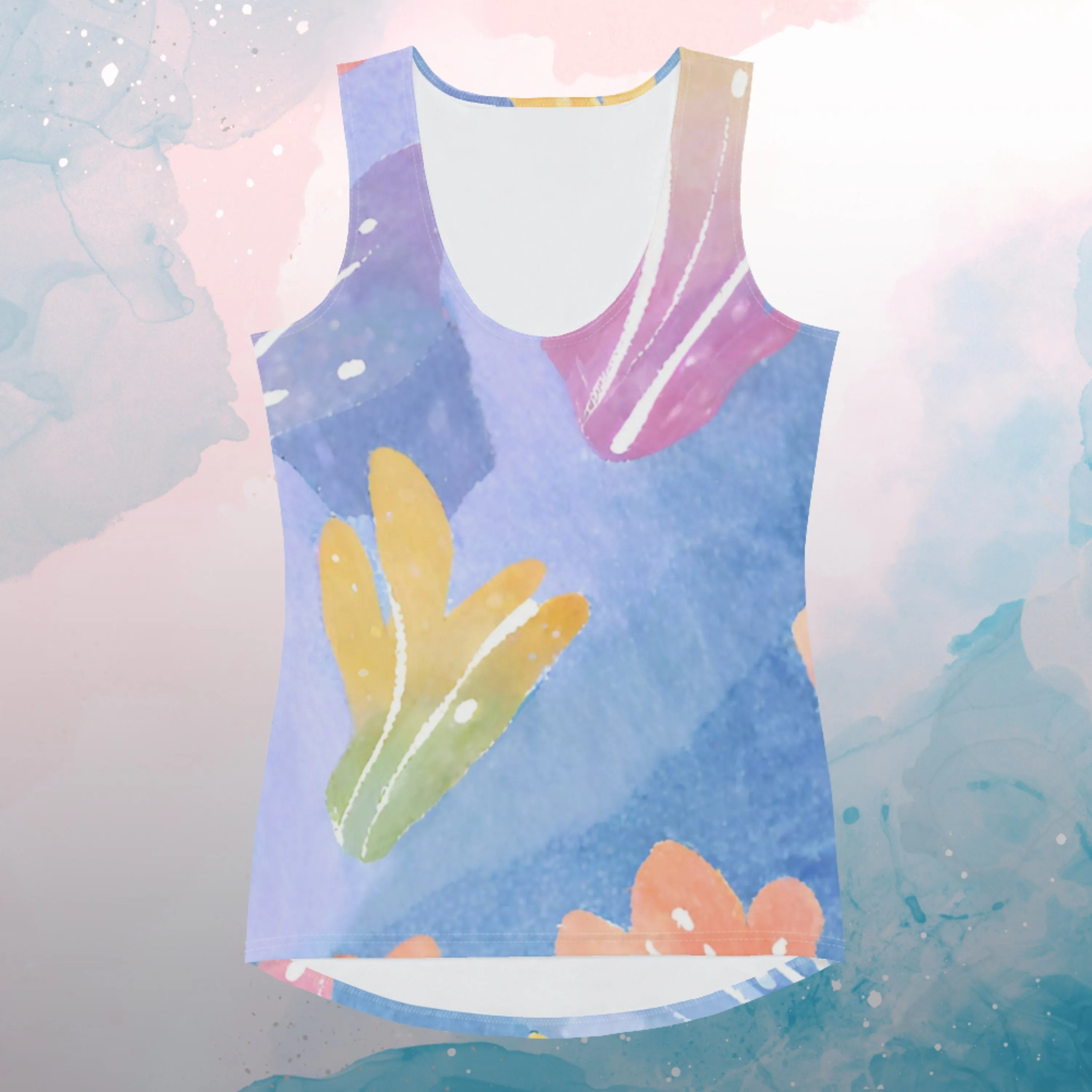 Super Stretchy Womens Tank Top with Bold Print Pastel Watercolor Leaves