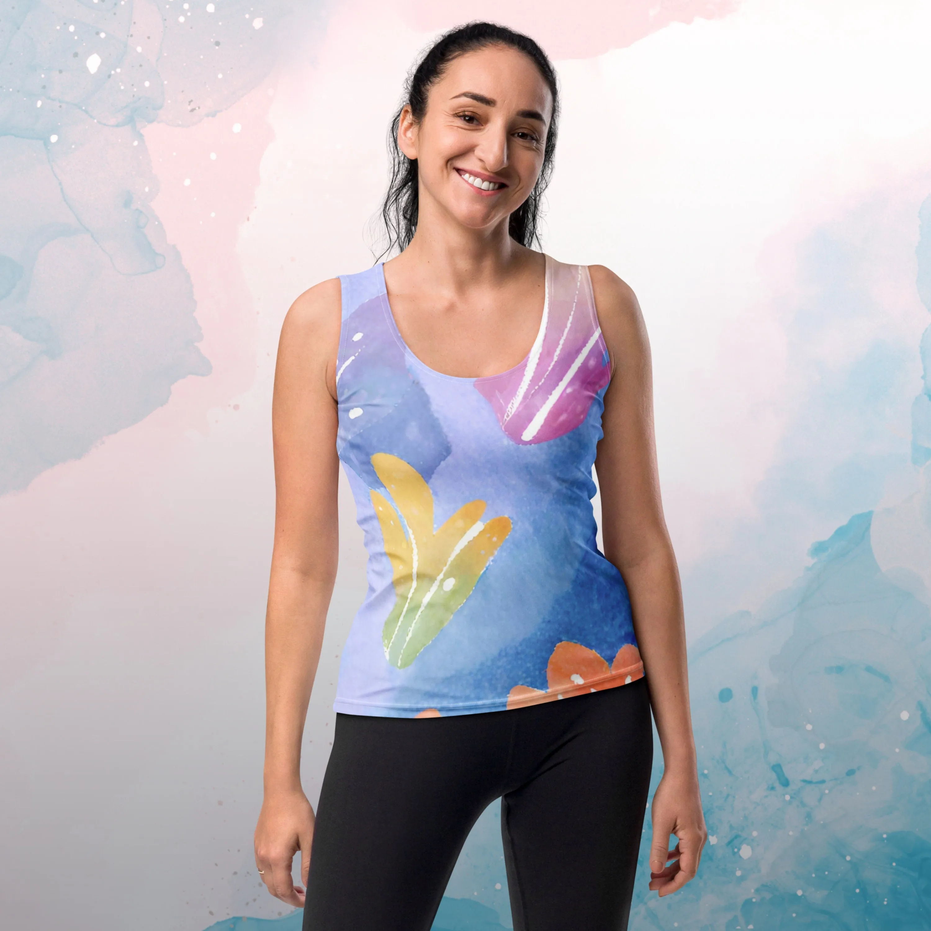 Super Stretchy Womens Tank Top with Bold Print Pastel Watercolor Leaves