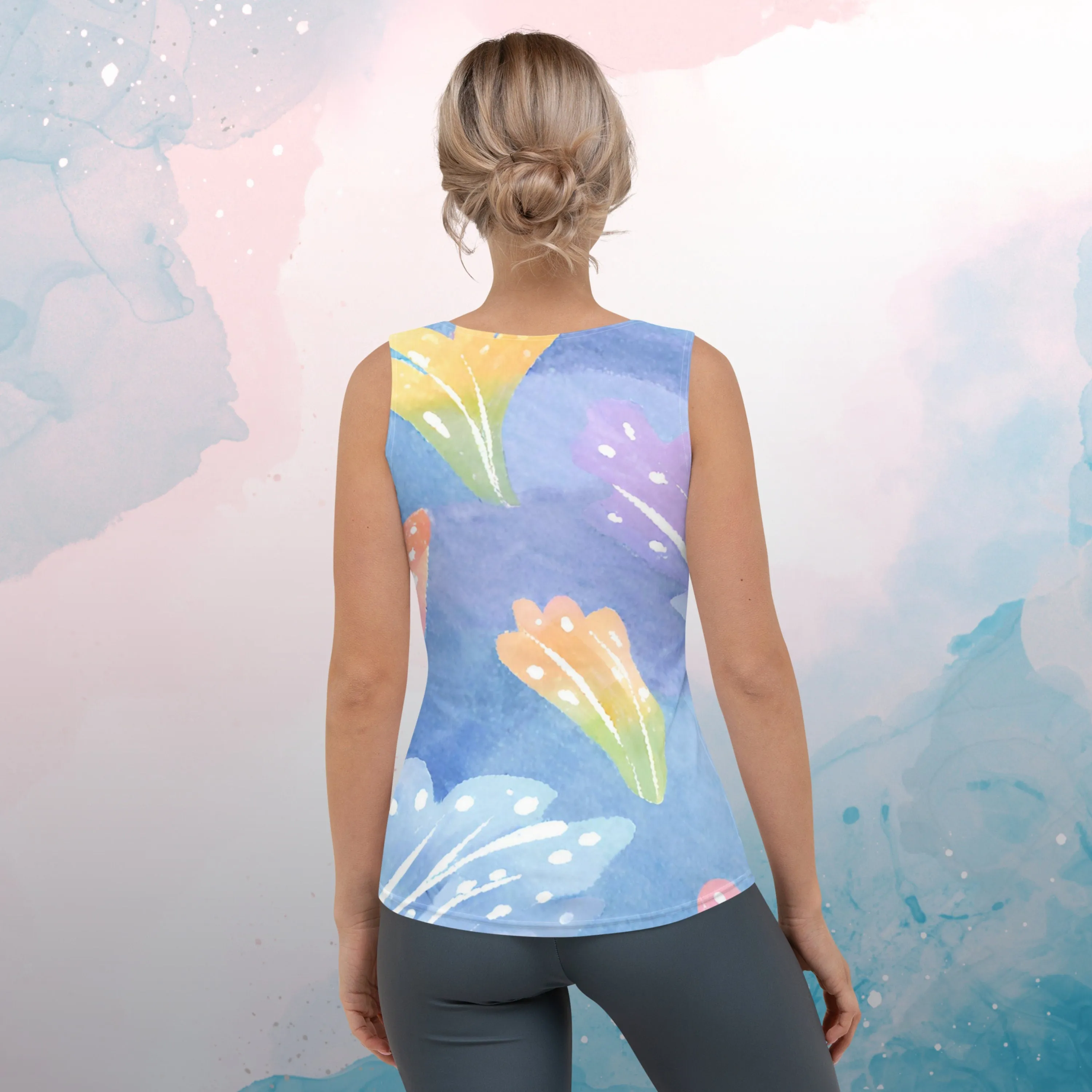 Super Stretchy Womens Tank Top with Bold Print Pastel Watercolor Leaves