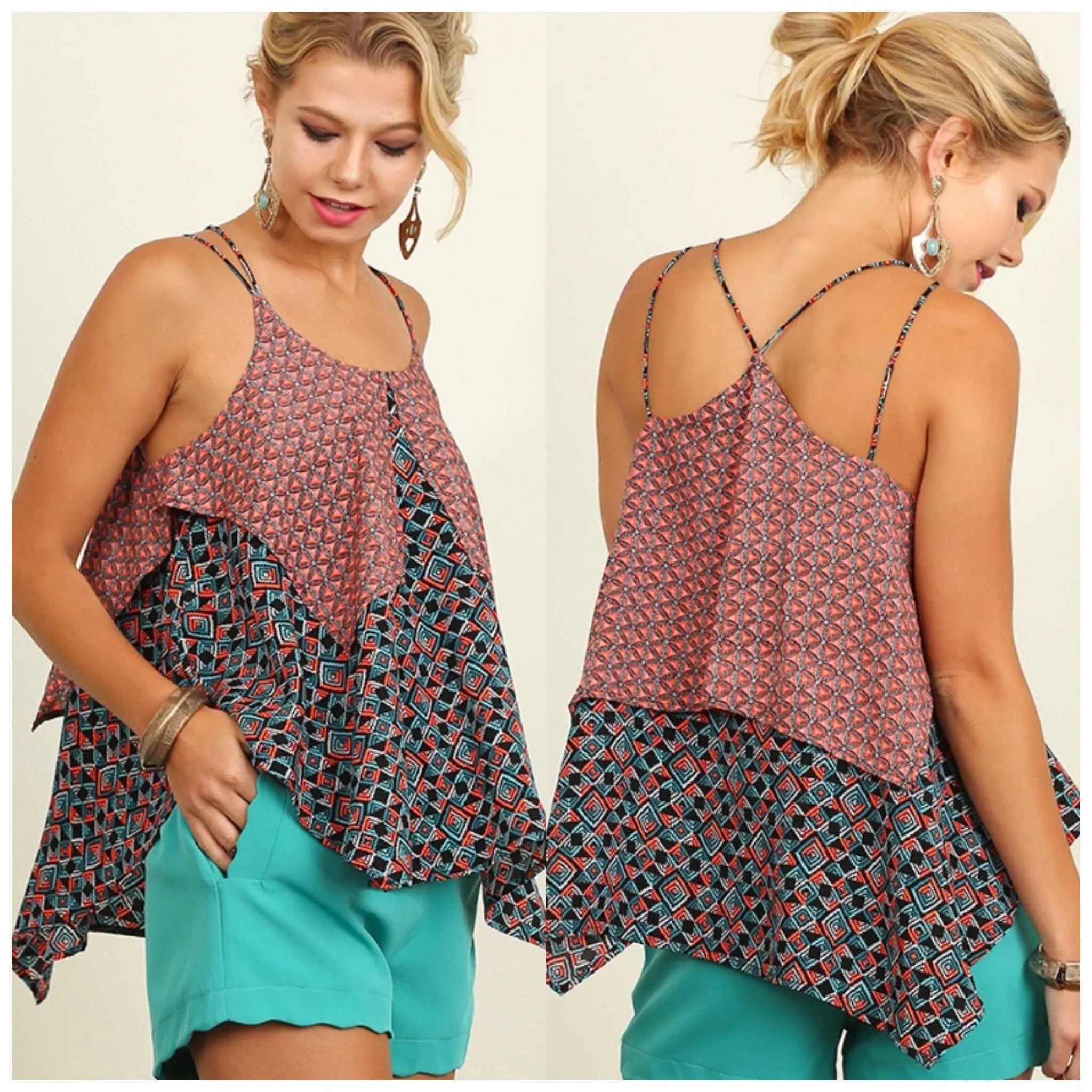 Umgee Geometric Print Handkerchief Tank Top