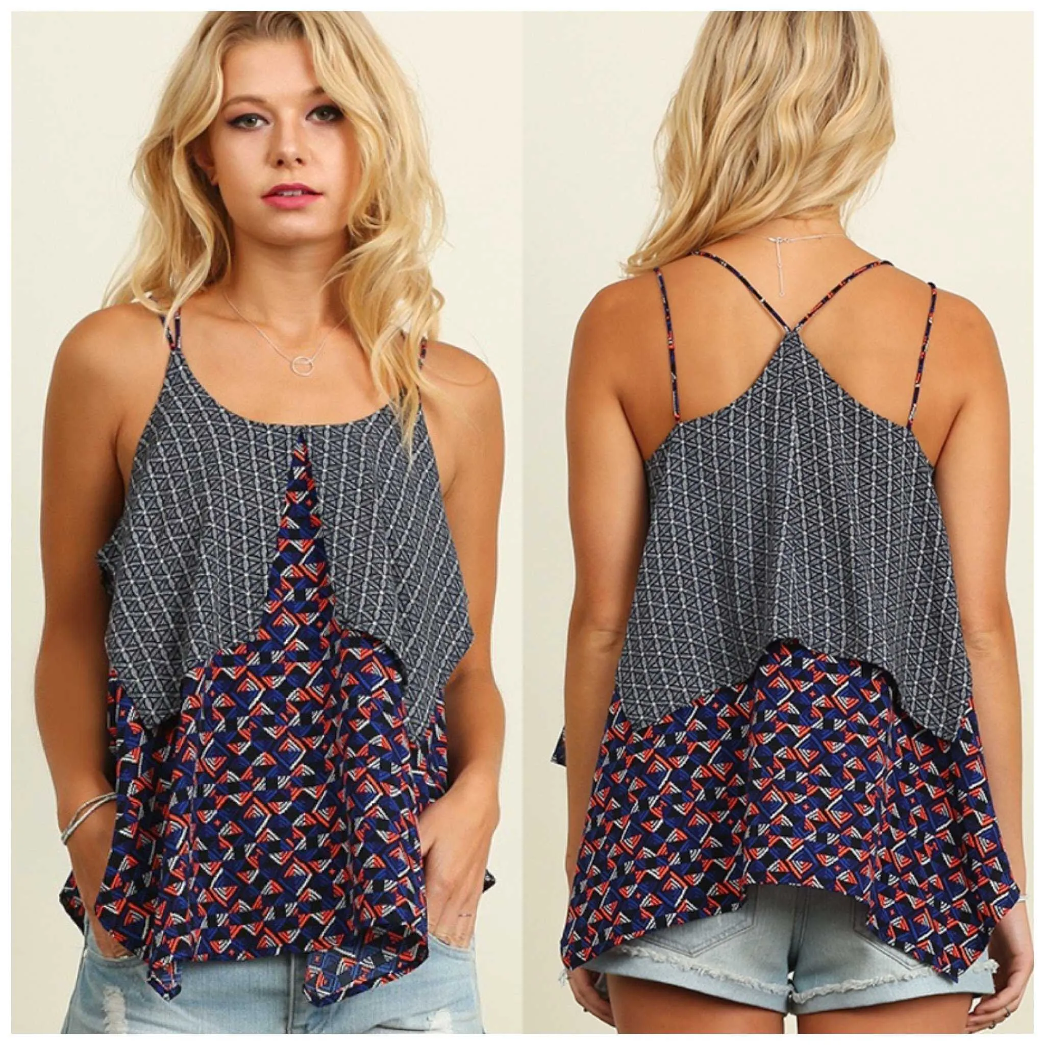 Umgee Geometric Print Handkerchief Tank Top